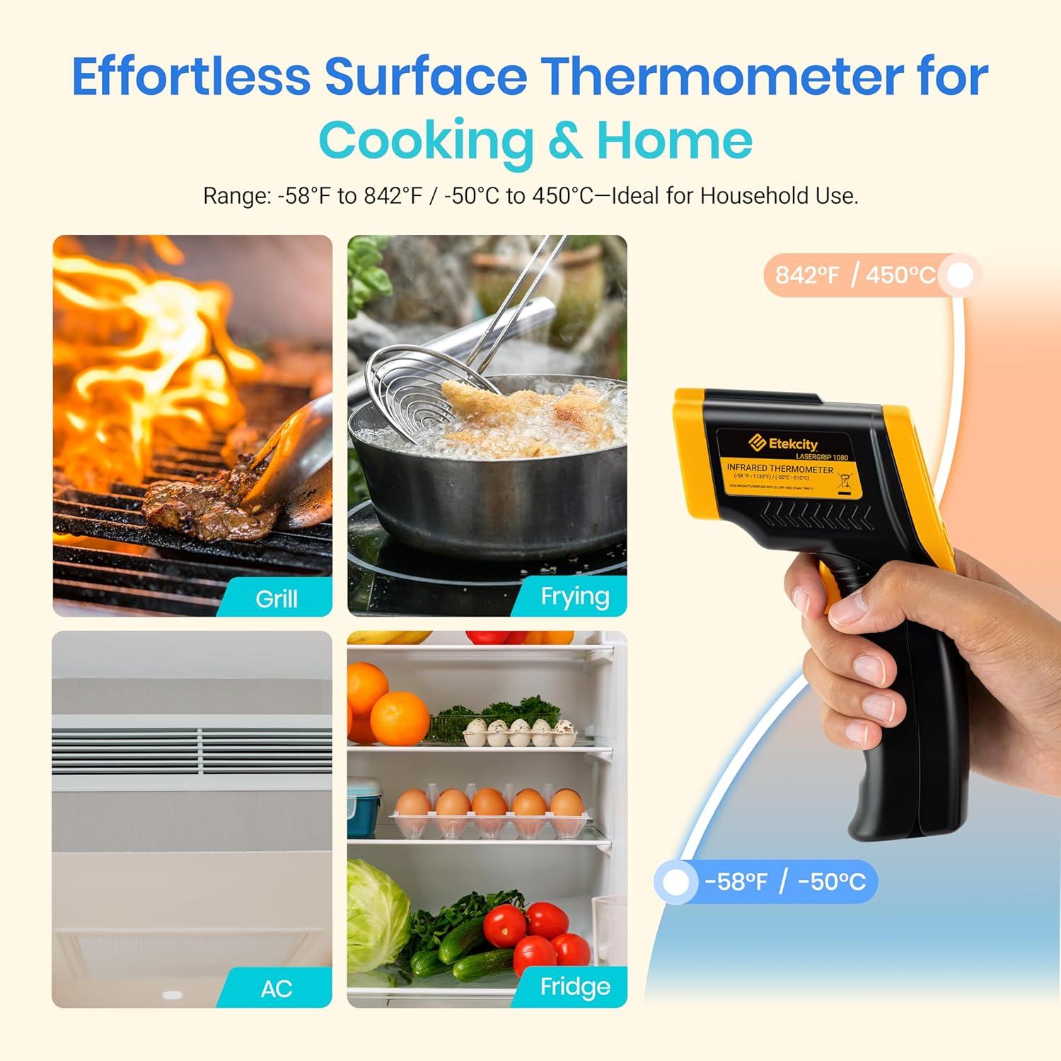 imageEtekcity Infrared Thermometer Upgrade 774 Heat Temperature Temp Gun for Cooking Laser IR Surface Tool for Pizza Griddle Grill HVAC Engine Accessories 58F to 842F BlueLight Yellow