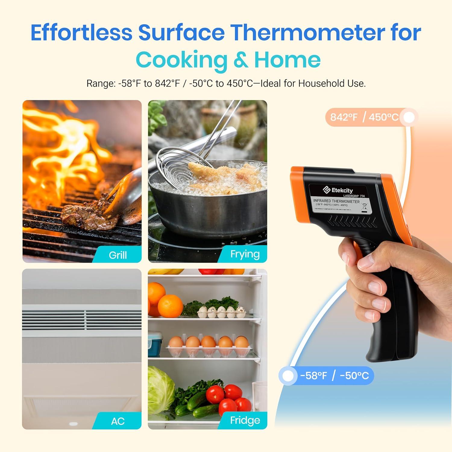 imageEtekcity Infrared Thermometer Upgrade 774 Heat Temperature Temp Gun for Cooking Laser IR Surface Tool for Pizza Griddle Grill HVAC Engine Accessories 58F to 842F BlueOrange