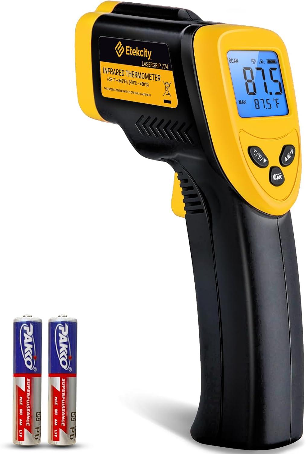 imageEtekcity Infrared Thermometer Upgrade 774 Heat Temperature Temp Gun for Cooking Laser IR Surface Tool for Pizza Griddle Grill HVAC Engine Accessories 58F to 842F BlueLight Yellow