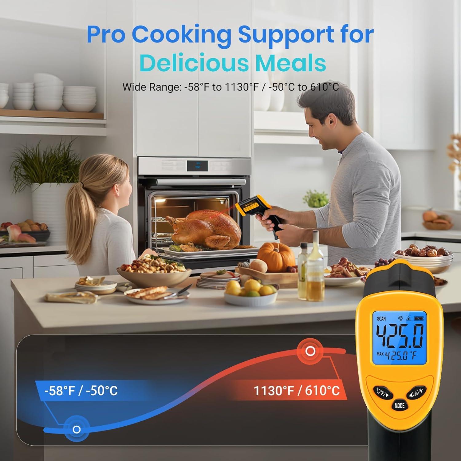 imageEtekcity Infrared Thermometer Upgrade 774 Heat Temperature Temp Gun for Cooking Laser IR Surface Tool for Pizza Griddle Grill HVAC Engine Accessories 58F to 842F BlueLight Yellow