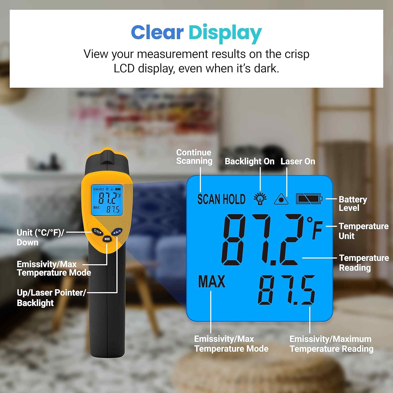 imageEtekcity Infrared Thermometer Upgrade 774 Heat Temperature Temp Gun for Cooking Laser IR Surface Tool for Pizza Griddle Grill HVAC Engine Accessories 58F to 842F BlueLight Yellow