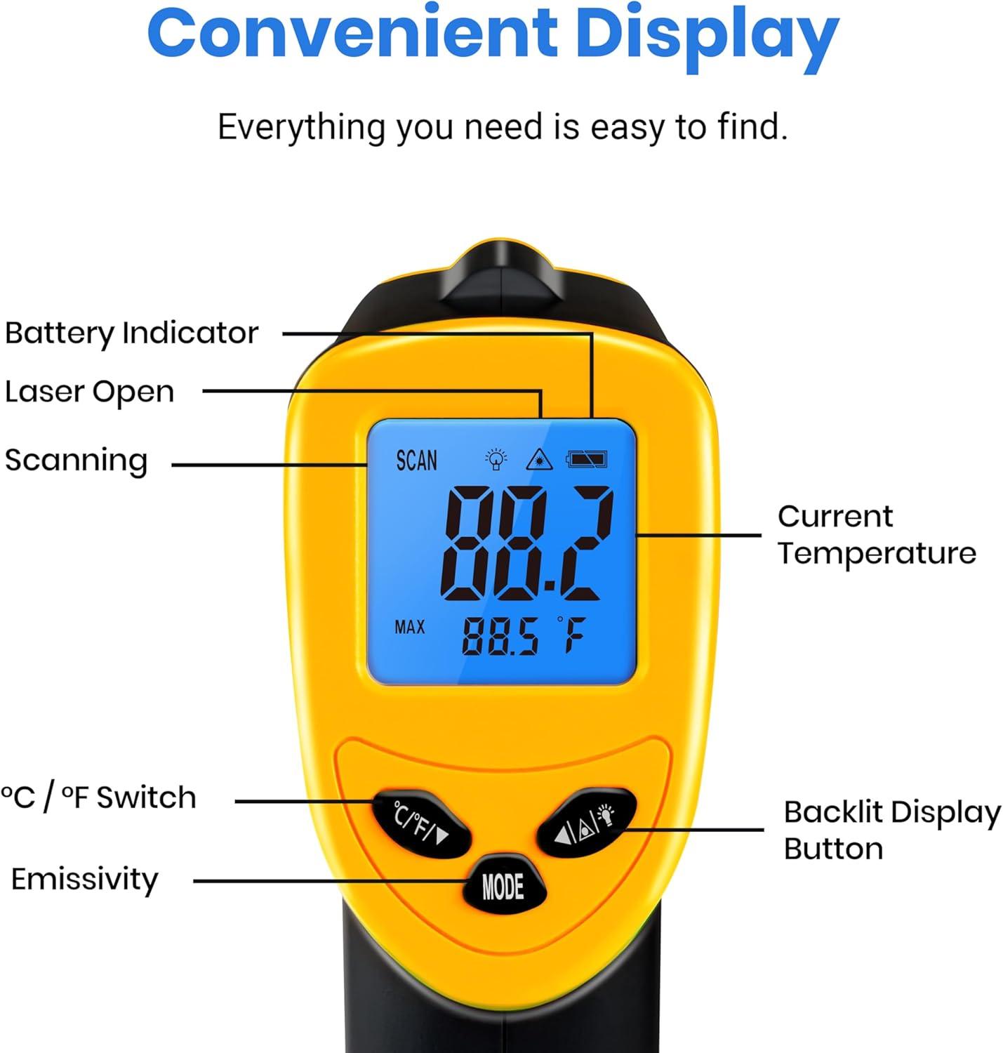 imageEtekcity Infrared Thermometer Upgrade 774 Heat Temperature Temp Gun for Cooking Laser IR Surface Tool for Pizza Griddle Grill HVAC Engine Accessories 58F to 842F BlueLight Yellow
