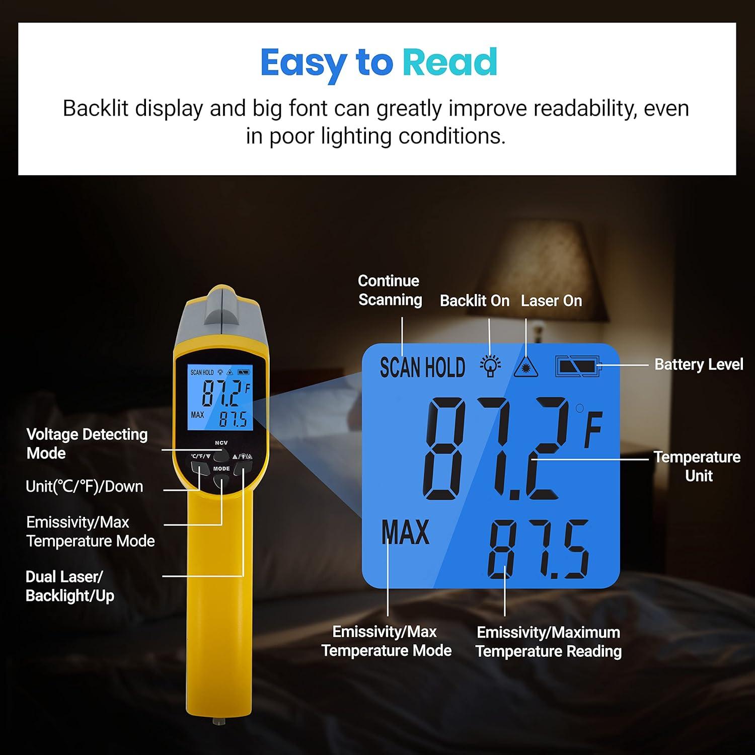 imageEtekcity Infrared Thermometer Upgrade 774 Heat Temperature Temp Gun for Cooking Laser IR Surface Tool for Pizza Griddle Grill HVAC Engine Accessories 58F to 842F BlueYellow 2 Laser