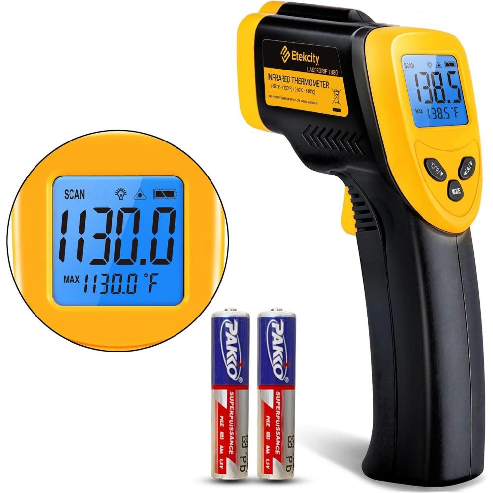 imageEtekcity Infrared Thermometer Upgrade 774 Heat Temperature Temp Gun for Cooking Laser IR Surface Tool for Pizza Griddle Grill HVAC Engine Accessories 58F to 842F BlueLight Yellow