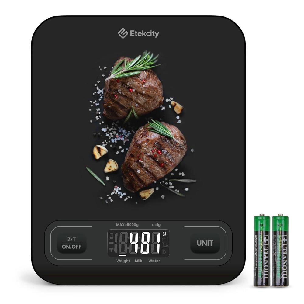 imageEtekcity Smart Food Kitchen Scale with Nutritional Calculator Free App with 19 Nutrients Tracking Calorie Marco Digital grams and ounces for weight loss Premium Stainless Steel 11lbMidnight Black