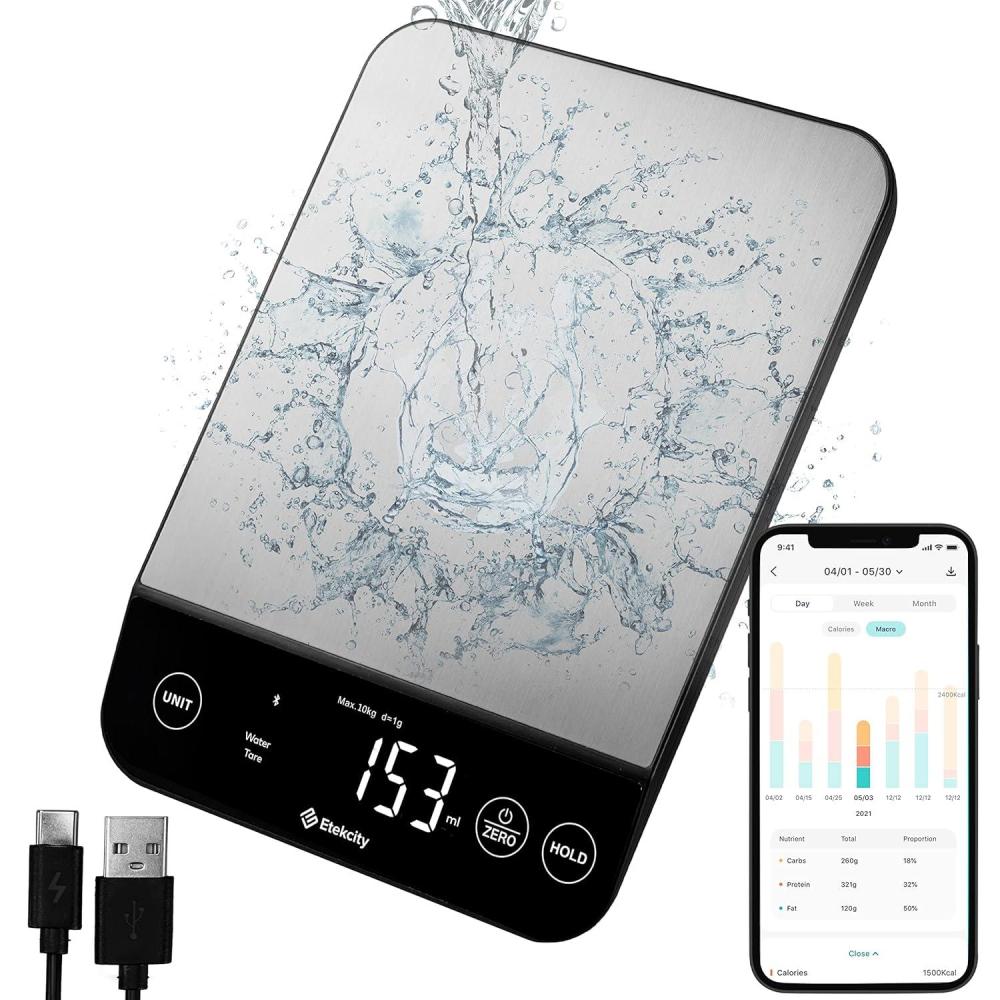 imageEtekcity Smart Food Kitchen Scale with Nutritional Calculator Free App with 19 Nutrients Tracking Calorie Marco Digital grams and ounces for weight loss Premium Stainless Steel 11lbLuminary Stainless Steel
