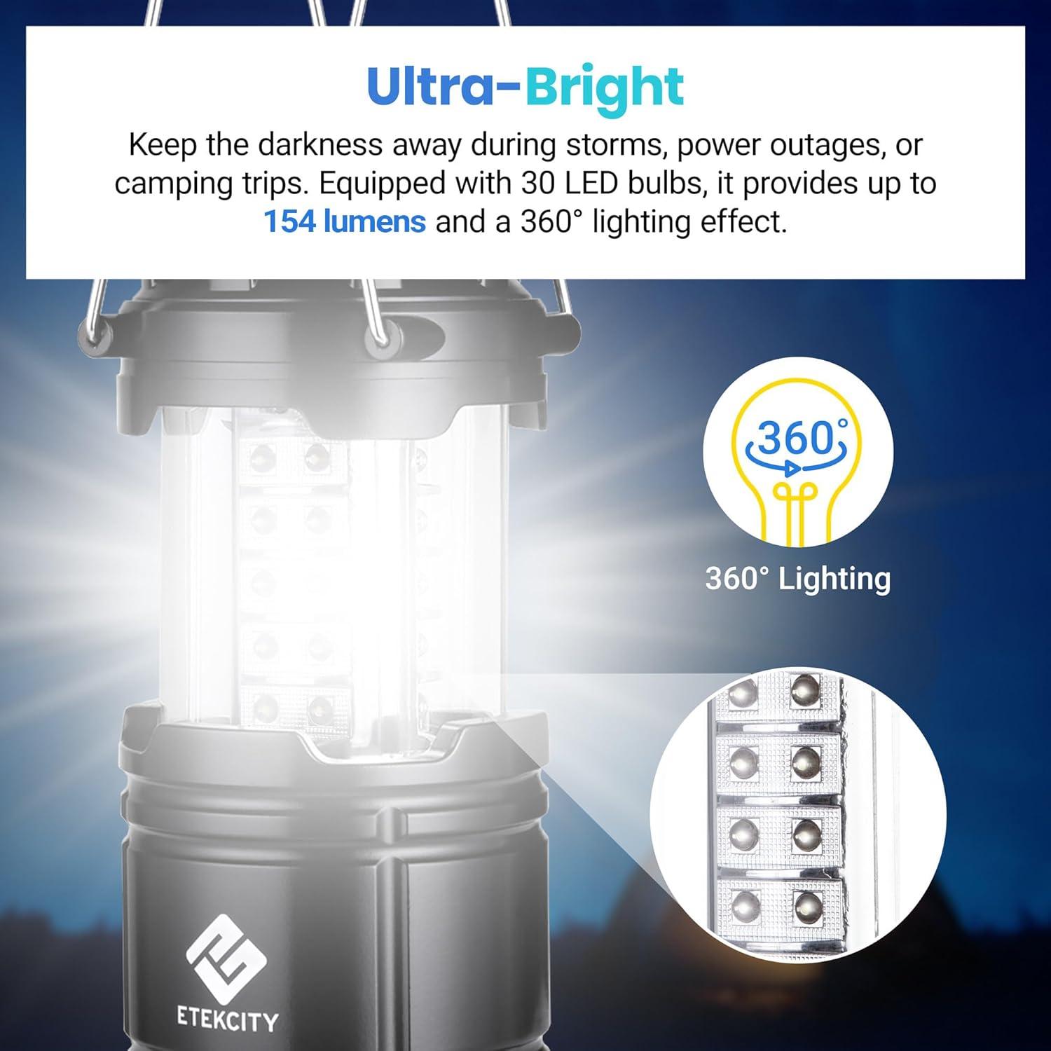 imageEtekcity Camping Lanterns for Power Outages 4 Pack Flashlight for Camping Essentials Survival Kit and Gear Hurricane Preparedness Items Emergency Led Battery Operated Lights Black4 Pack