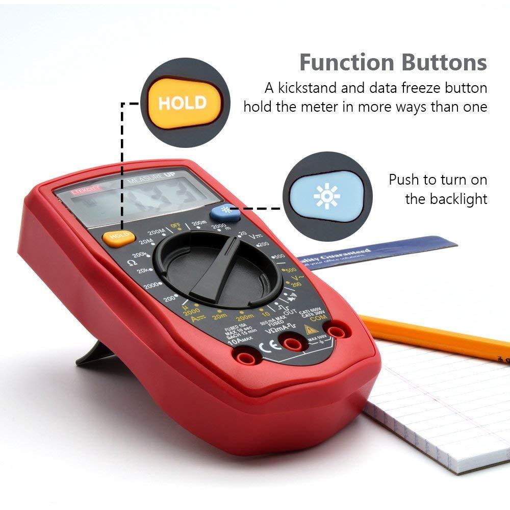 imageEtekcity Digital Multimeter AC DC Voltmeter Amp Volt Ohm Current Meter Electrical Voltage Outlet Circuit Tester With Continuity Resistance Diode Test Two BuildIn Ceramic Fuses Red MSRR500