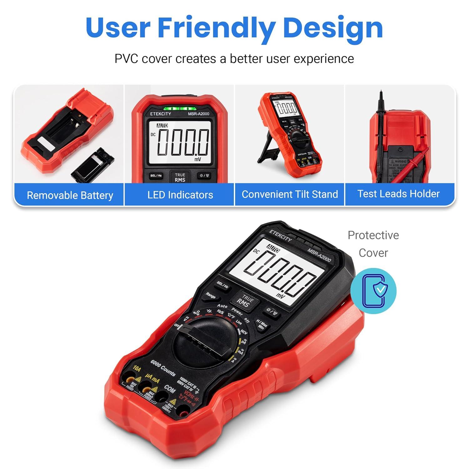 imageEtekcity Digital Multimeter Voltmeter Tester TRMS 6000 Counts AC DC Current Voltage Meter Amp Ohm Diode Capacitance Frequency Temperature NCV Resistance Red MSRA2000
