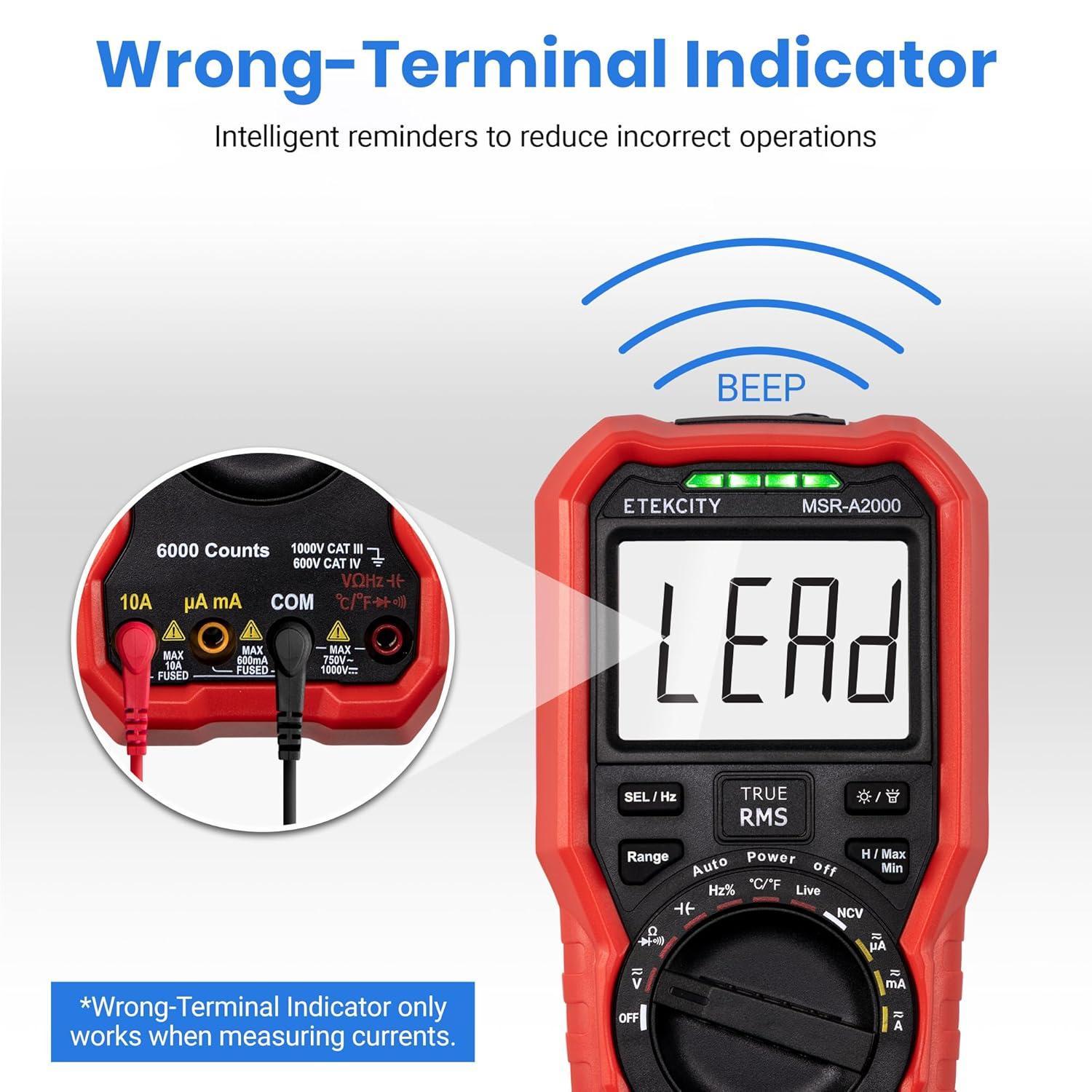 imageEtekcity Digital Multimeter Voltmeter Tester TRMS 6000 Counts AC DC Current Voltage Meter Amp Ohm Diode Capacitance Frequency Temperature NCV Resistance Red MSRA2000