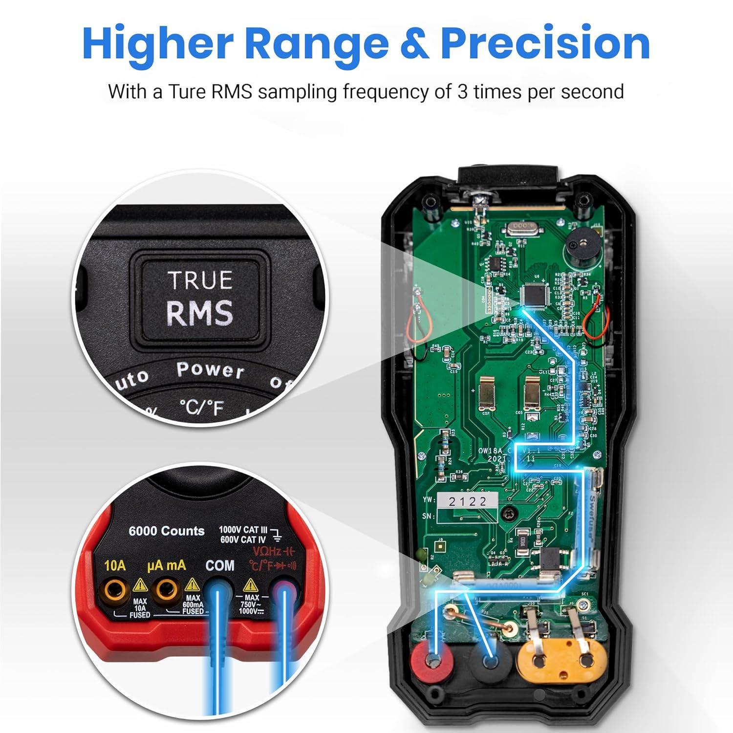 imageEtekcity Digital Multimeter Voltmeter Tester TRMS 6000 Counts AC DC Current Voltage Meter Amp Ohm Diode Capacitance Frequency Temperature NCV Resistance Red MSRA2000