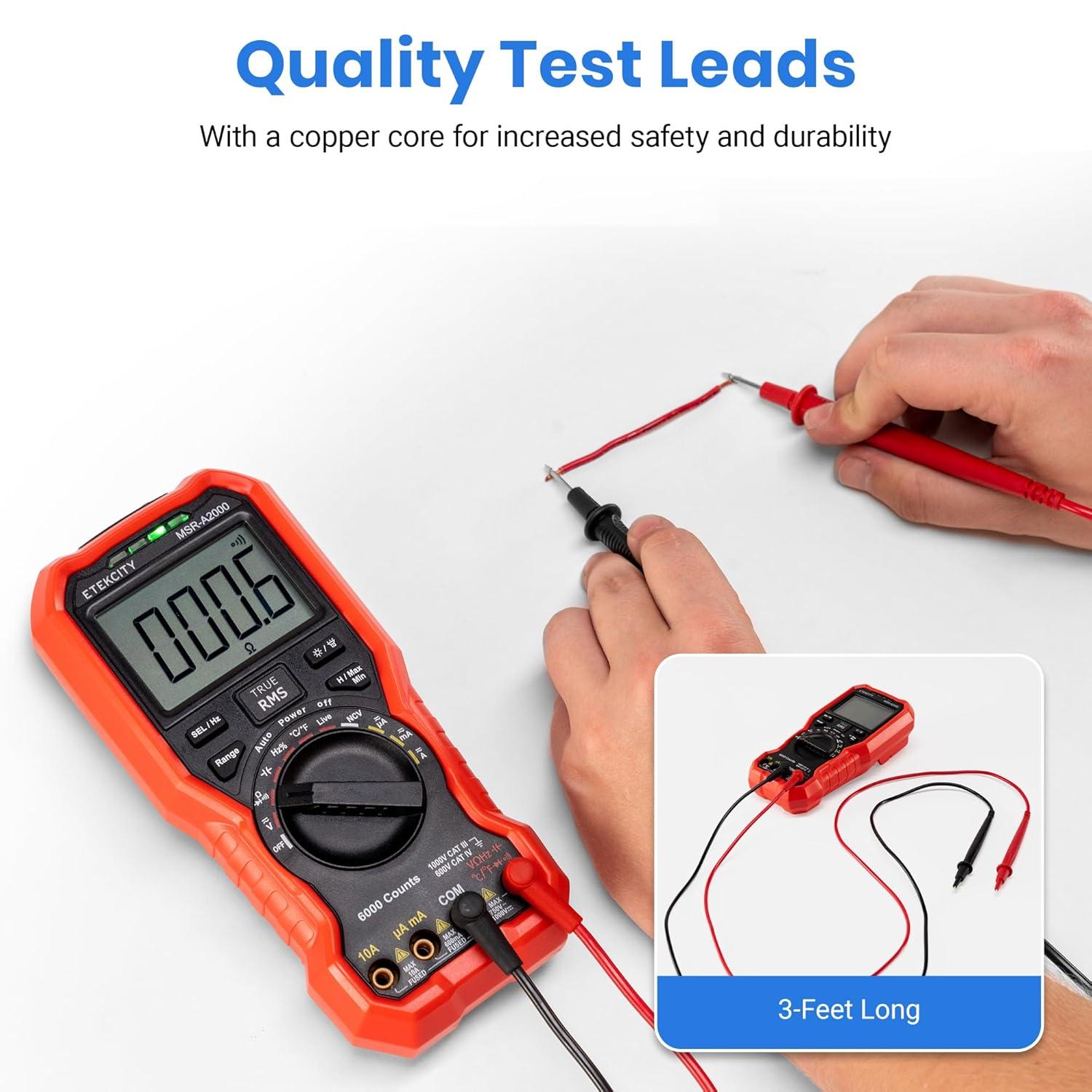 imageEtekcity Digital Multimeter Voltmeter Tester TRMS 6000 Counts AC DC Current Voltage Meter Amp Ohm Diode Capacitance Frequency Temperature NCV Resistance Red MSRA2000