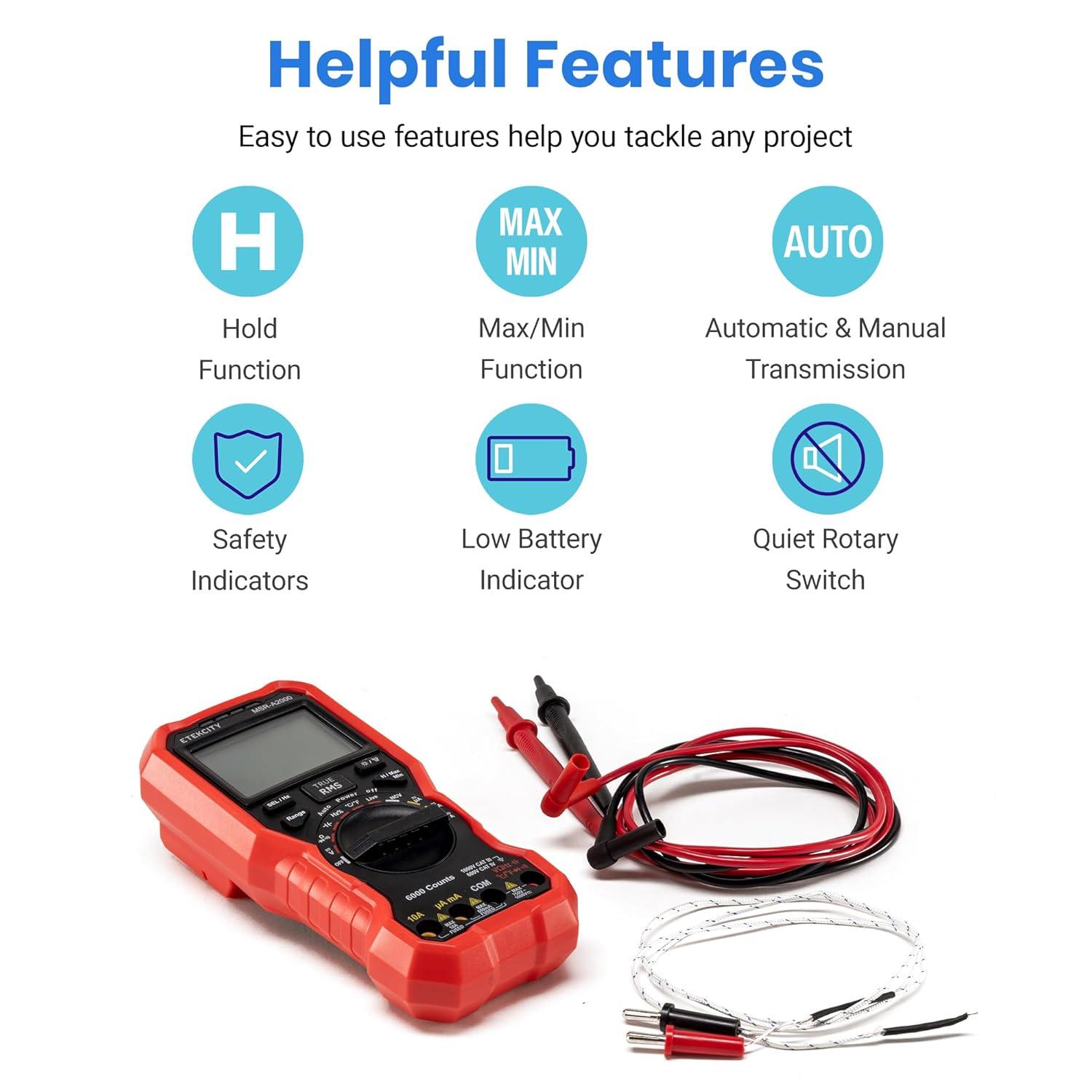 imageEtekcity Digital Multimeter Voltmeter Tester TRMS 6000 Counts AC DC Current Voltage Meter Amp Ohm Diode Capacitance Frequency Temperature NCV Resistance Red MSRA2000