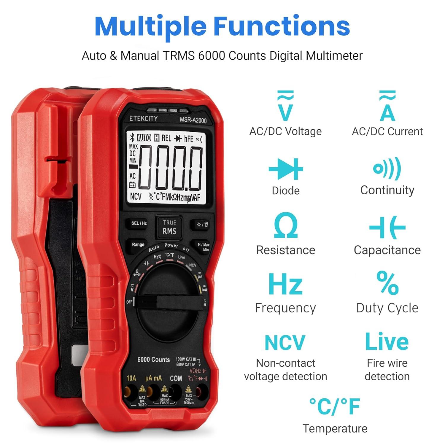 imageEtekcity Digital Multimeter Voltmeter Tester TRMS 6000 Counts AC DC Current Voltage Meter Amp Ohm Diode Capacitance Frequency Temperature NCV Resistance Red MSRA2000