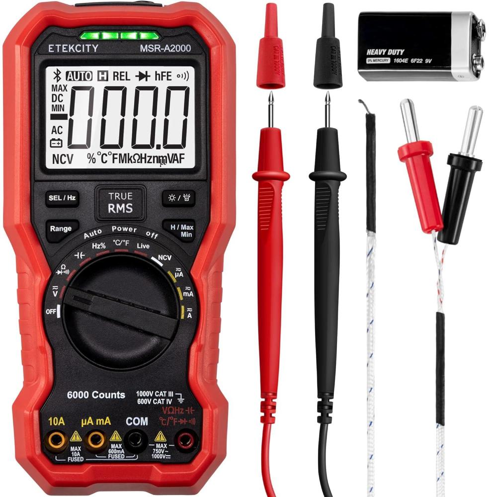 imageEtekcity Digital Multimeter Voltmeter Tester TRMS 6000 Counts AC DC Current Voltage Meter Amp Ohm Diode Capacitance Frequency Temperature NCV Resistance Red MSRA2000