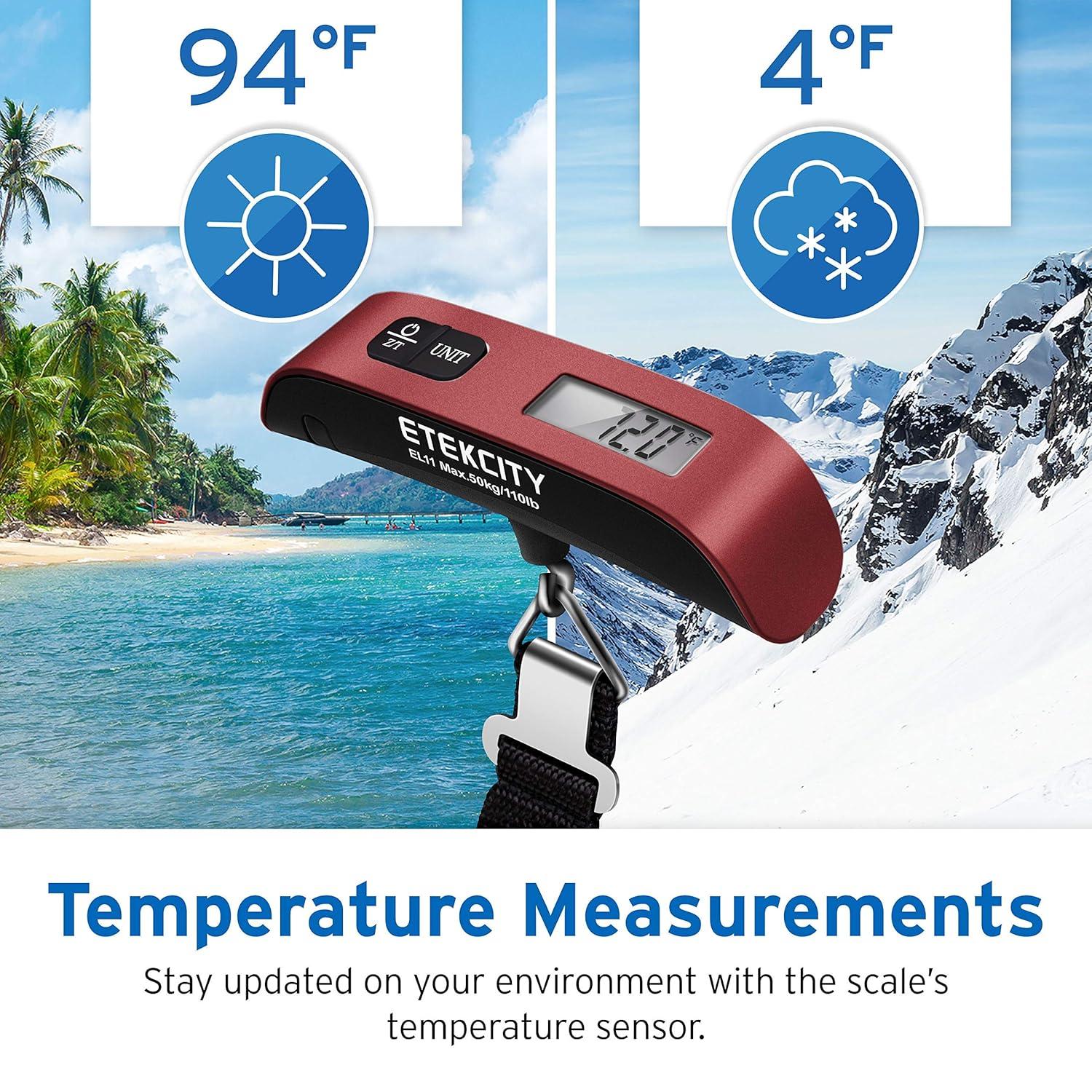 imageEtekcity Luggage Scale Digital Weight Scales for Travel Accessories Essentials Suitcases Portable Handheld Scale with Temperature Sensor Rubber Paint 110 Pounds Battery IncludedClaret Red