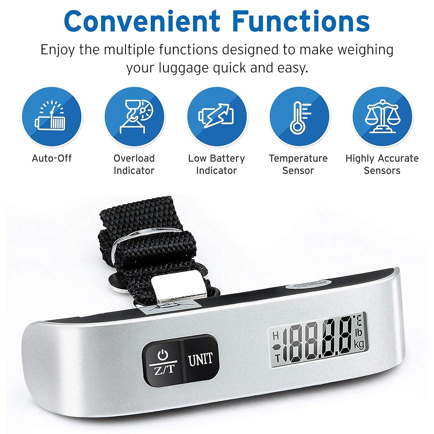 imageEtekcity Luggage Scale Digital Weight Scales for Travel Accessories Essentials Suitcases Portable Handheld Scale with Temperature Sensor Rubber Paint 110 Pounds Battery IncludedAsh Silver