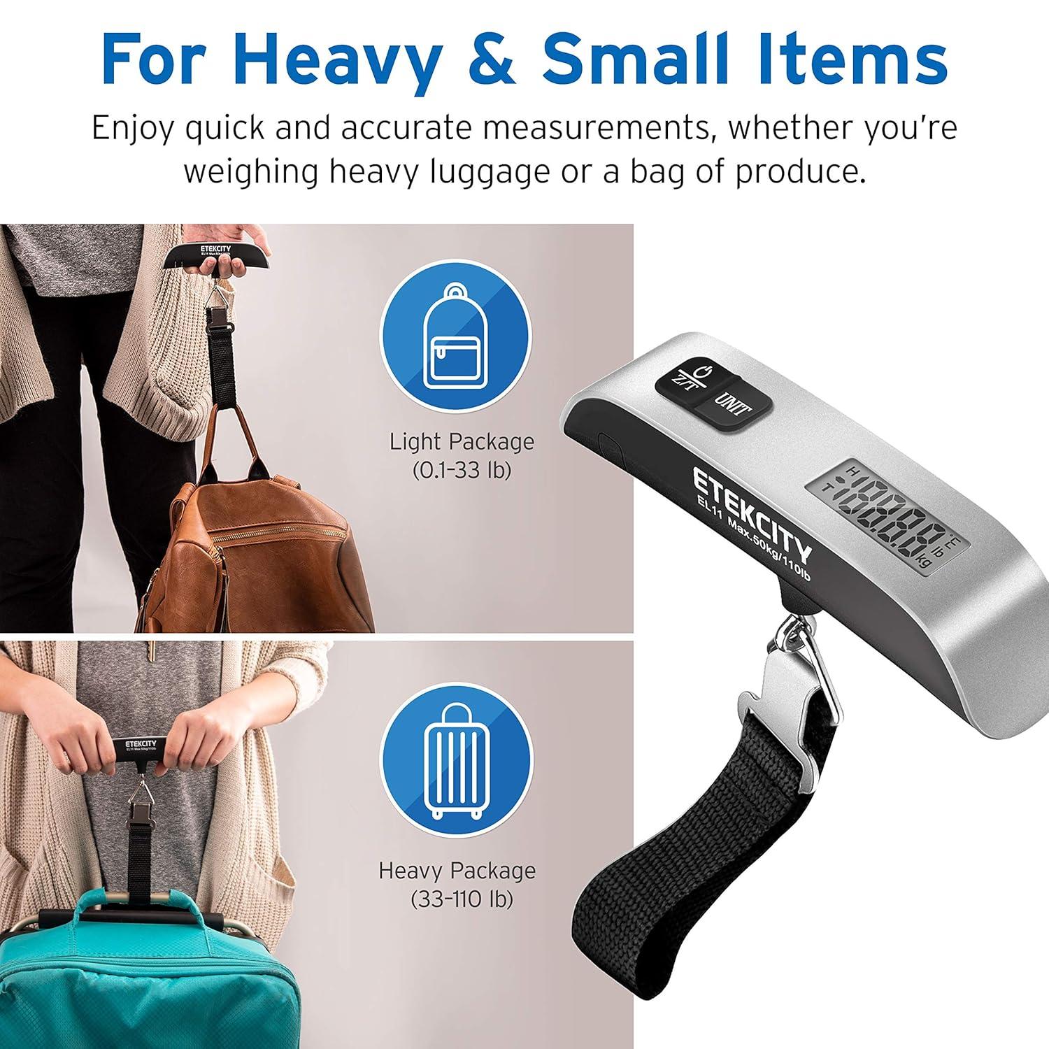 imageEtekcity Luggage Scale Digital Weight Scales for Travel Accessories Essentials Suitcases Portable Handheld Scale with Temperature Sensor Rubber Paint 110 Pounds Battery IncludedAsh Silver2 pack