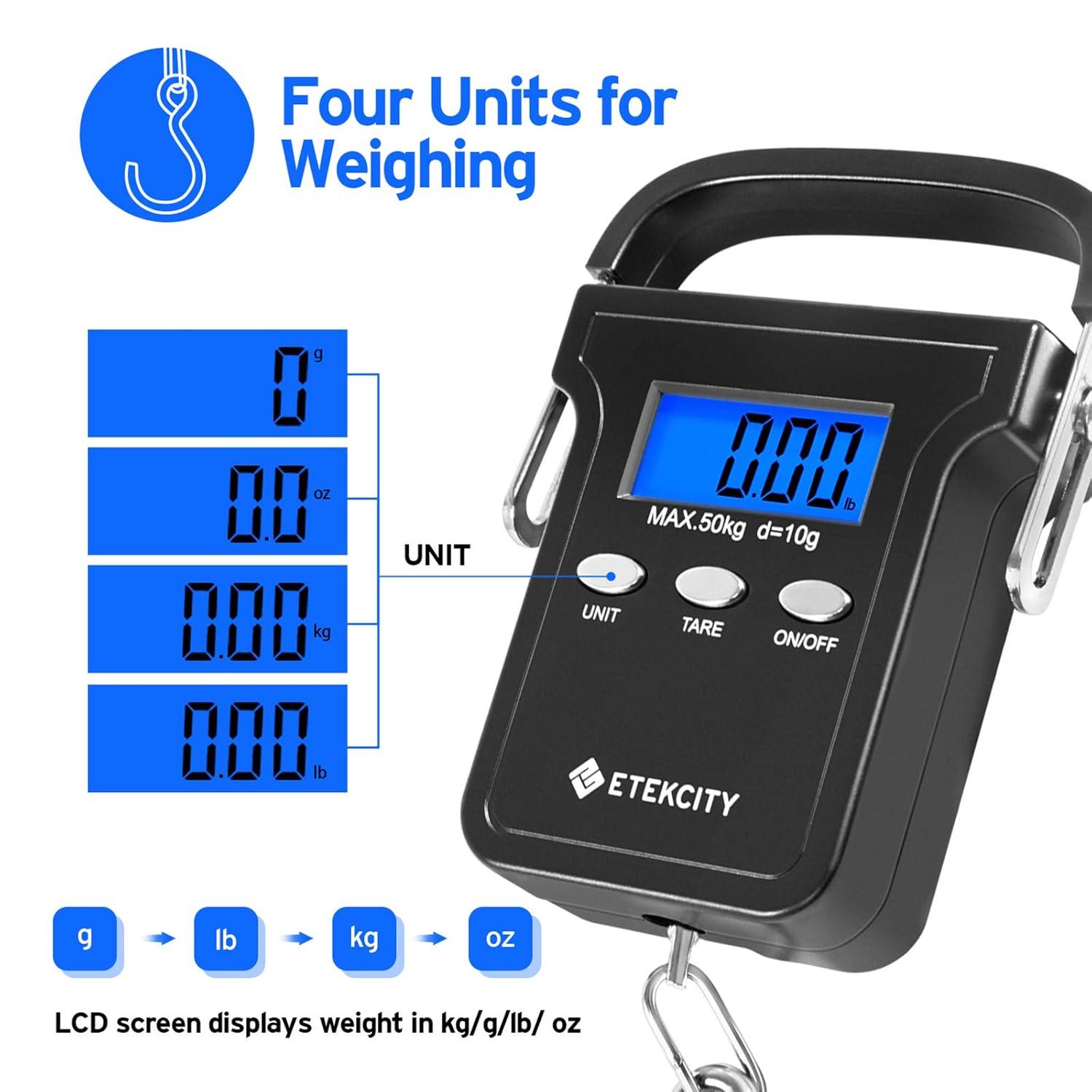 imageEtekcity Luggage Scale Digital Weight Scales for Travel Accessories Essentials Suitcases Portable Handheld Scale with Temperature Sensor Rubber Paint 110 Pounds Battery IncludedDark Black