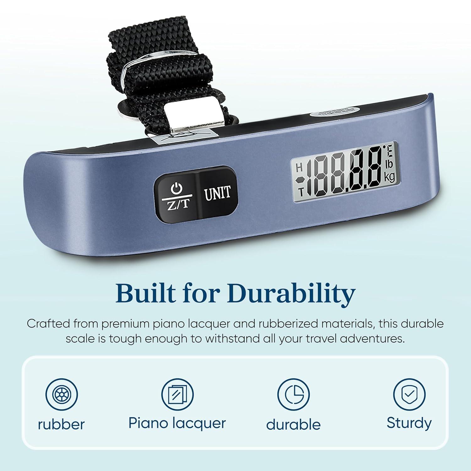 imageEtekcity Luggage Scale Digital Weight Scales for Travel Accessories Essentials Suitcases Portable Handheld Scale with Temperature Sensor Rubber Paint 110 Pounds Battery IncludedBright Blue