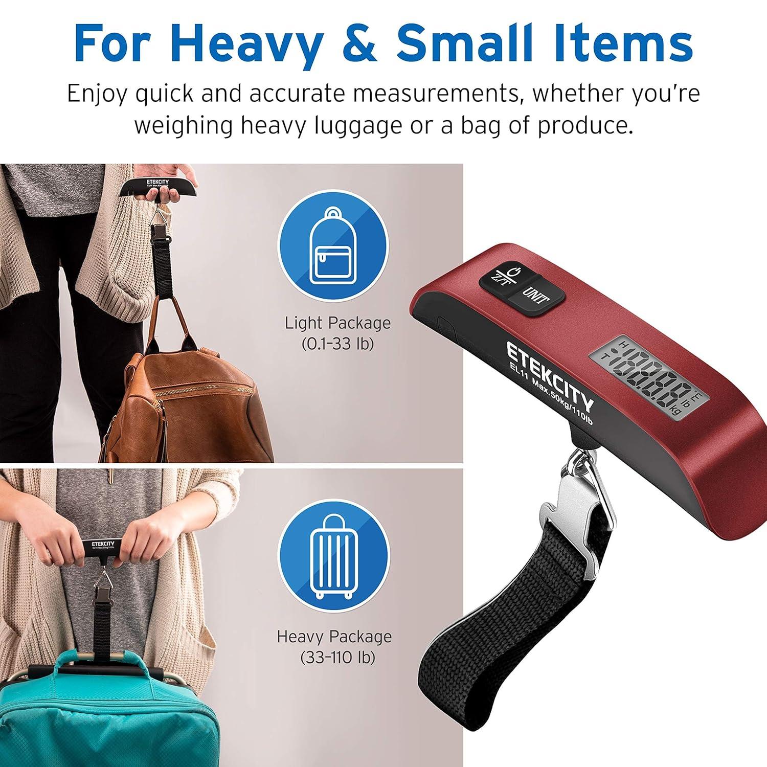 imageEtekcity Luggage Scale Digital Weight Scales for Travel Accessories Essentials Suitcases Portable Handheld Scale with Temperature Sensor Rubber Paint 110 Pounds Battery IncludedClaret Red