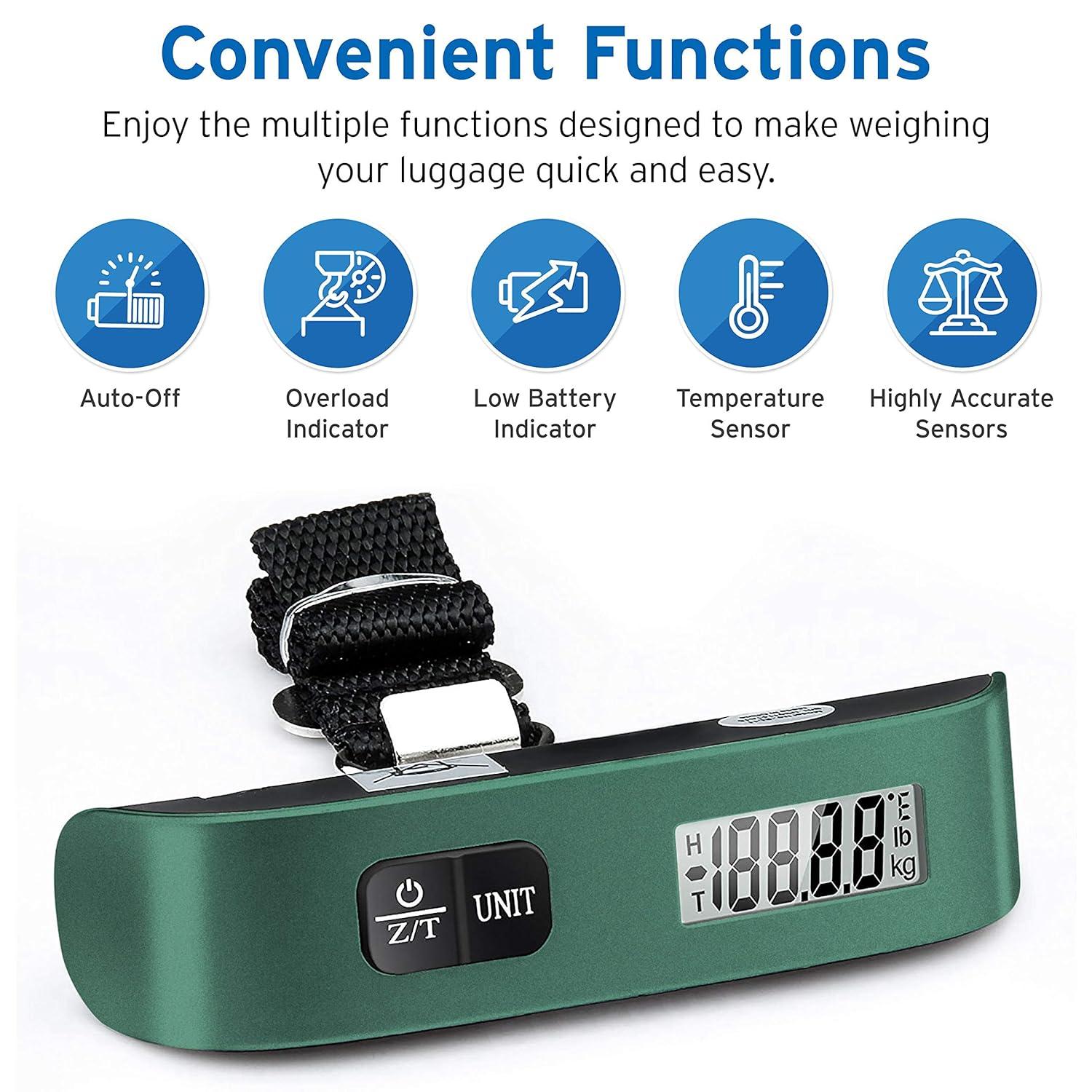 imageEtekcity Luggage Scale Digital Weight Scales for Travel Accessories Essentials Suitcases Portable Handheld Scale with Temperature Sensor Rubber Paint 110 Pounds Battery IncludedGreen
