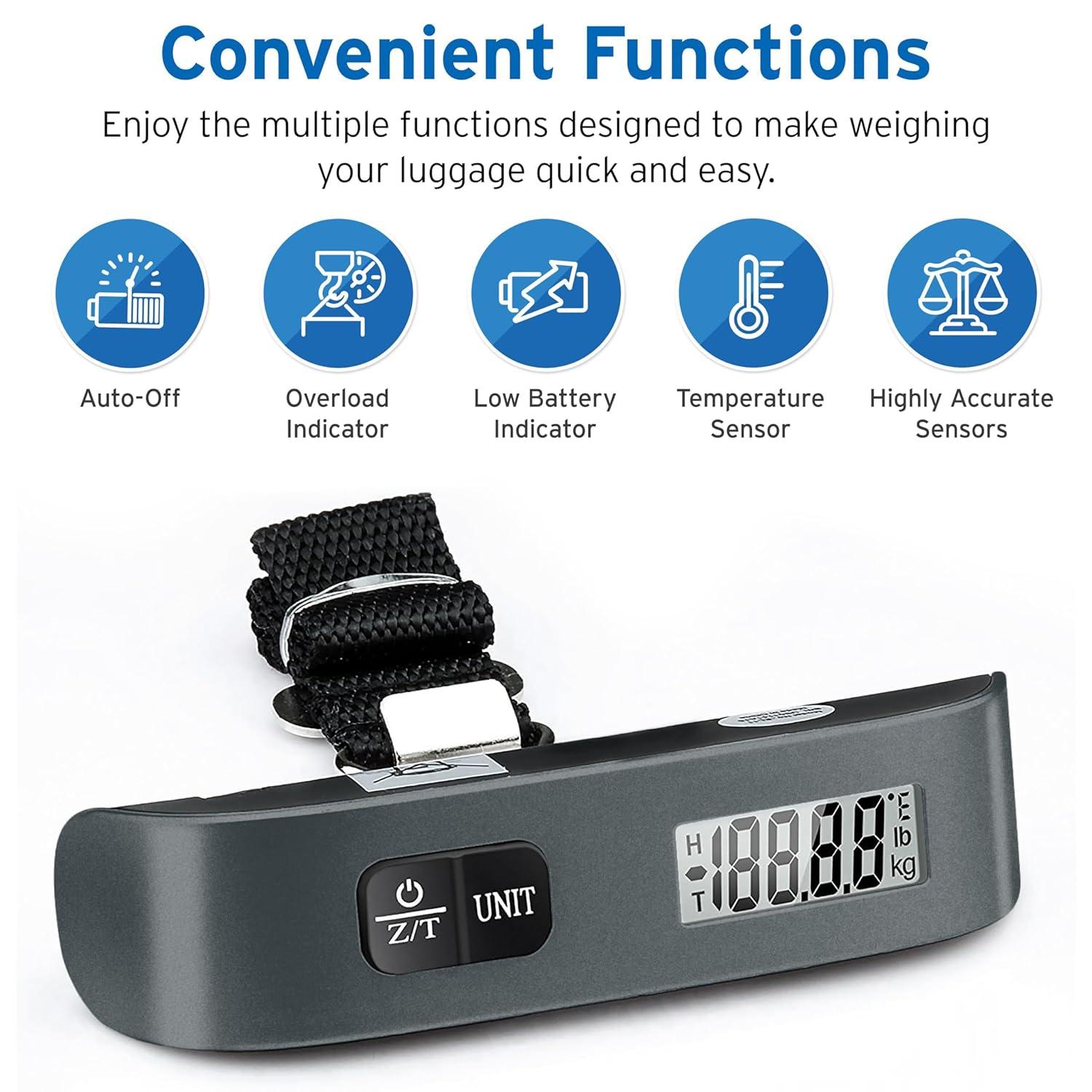 imageEtekcity Luggage Scale Digital Weight Scales for Travel Accessories Essentials Suitcases Portable Handheld Scale with Temperature Sensor Rubber Paint 110 Pounds Battery IncludedCharcoal Gray