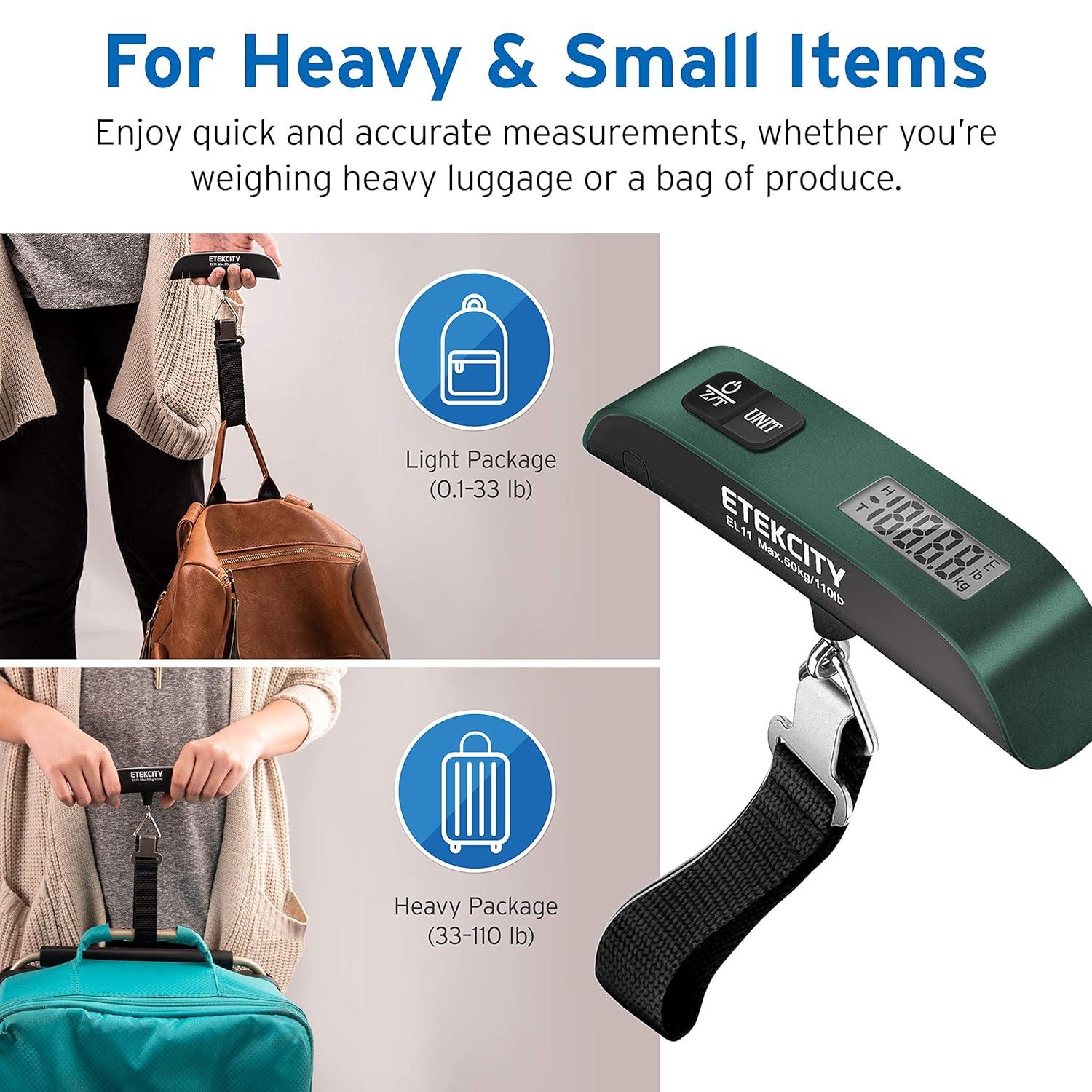 imageEtekcity Luggage Scale Digital Weight Scales for Travel Accessories Essentials Suitcases Portable Handheld Scale with Temperature Sensor Rubber Paint 110 Pounds Battery IncludedGreen