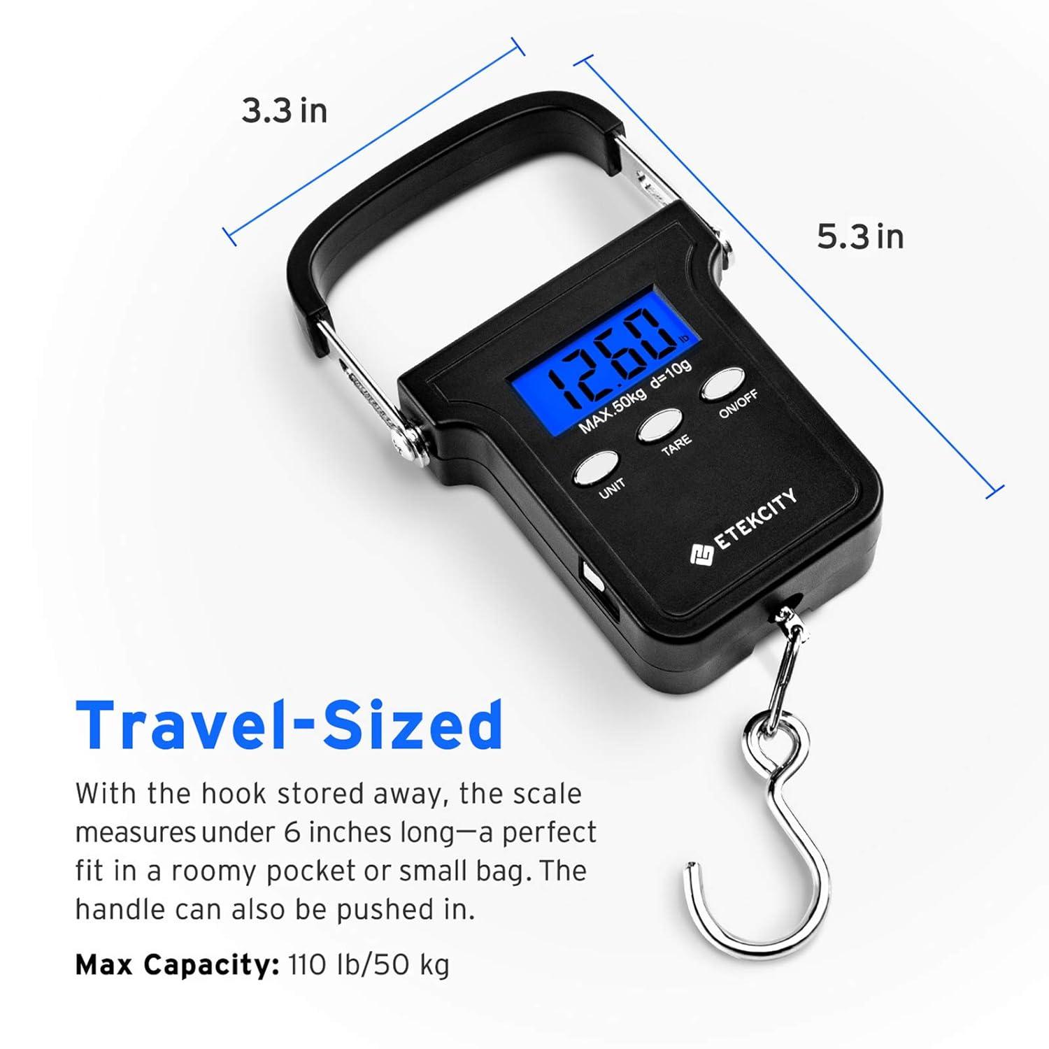 imageEtekcity Luggage Scale Digital Weight Scales for Travel Accessories Essentials Suitcases Portable Handheld Scale with Temperature Sensor Rubber Paint 110 Pounds Battery IncludedDark Black