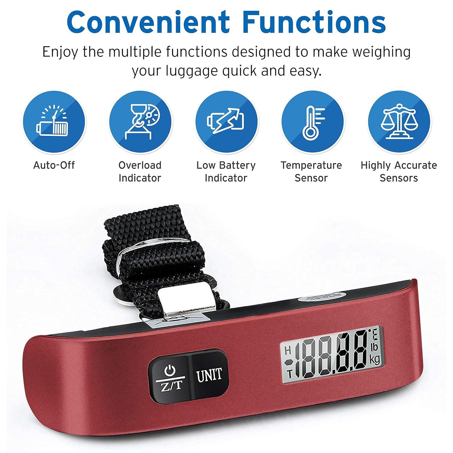 imageEtekcity Luggage Scale Digital Weight Scales for Travel Accessories Essentials Suitcases Portable Handheld Scale with Temperature Sensor Rubber Paint 110 Pounds Battery IncludedClaret Red