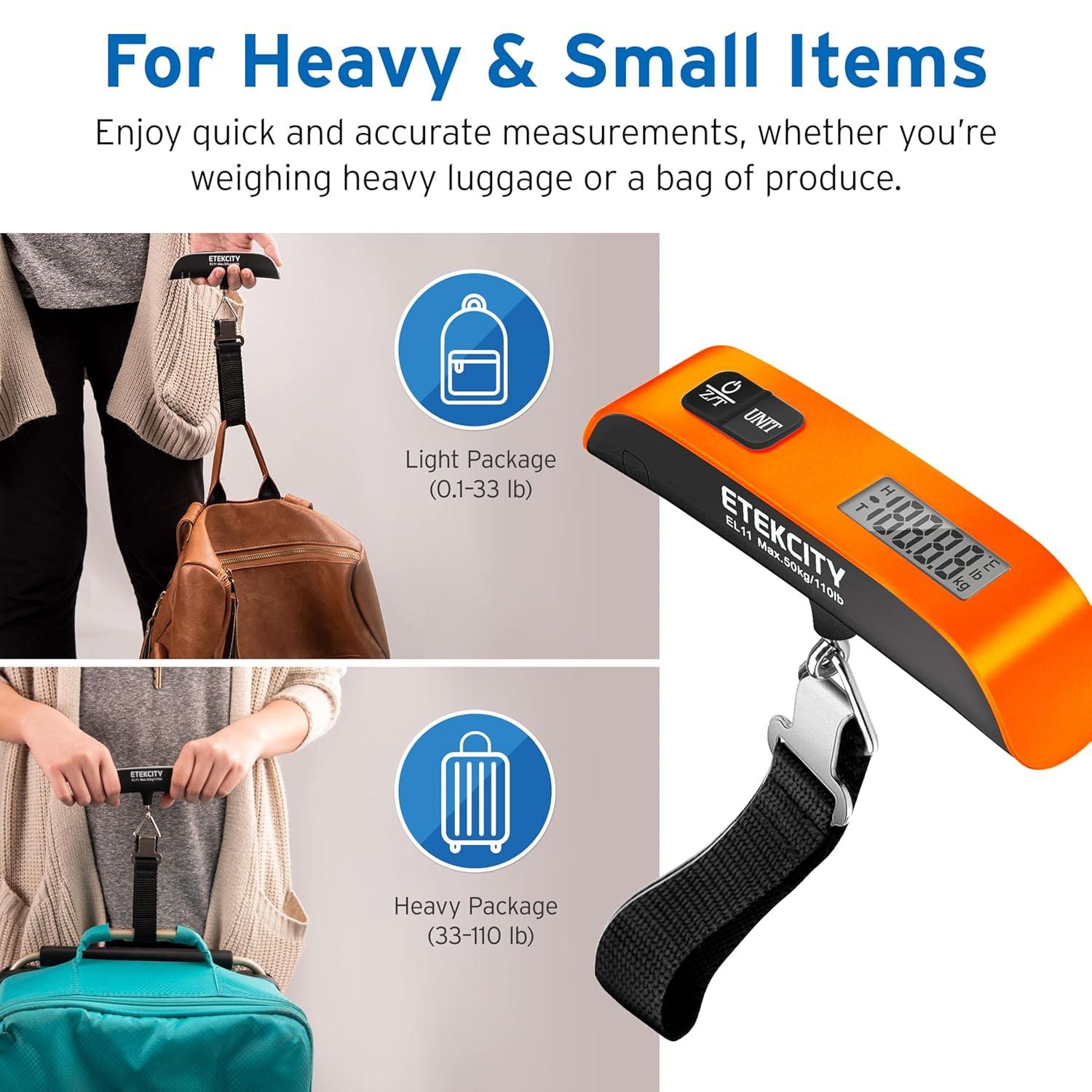 imageEtekcity Luggage Scale Digital Weight Scales for Travel Accessories Essentials Suitcases Portable Handheld Scale with Temperature Sensor Rubber Paint 110 Pounds Battery IncludedOrange
