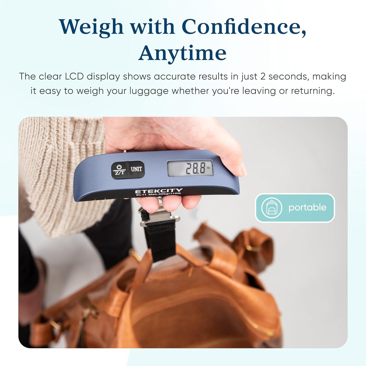 imageEtekcity Luggage Scale Digital Weight Scales for Travel Accessories Essentials Suitcases Portable Handheld Scale with Temperature Sensor Rubber Paint 110 Pounds Battery IncludedBright Blue
