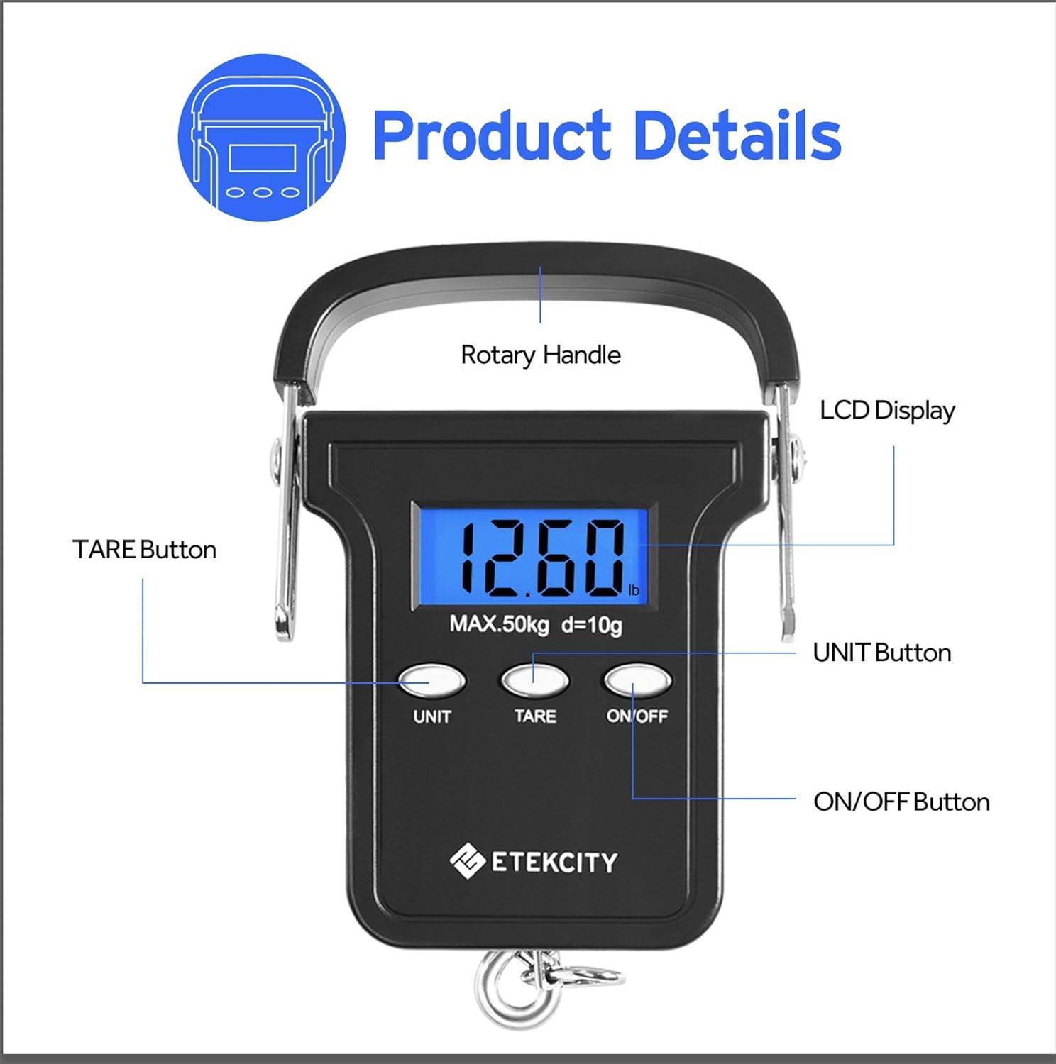 imageEtekcity Luggage Scale Digital Weight Scales for Travel Accessories Essentials Suitcases Portable Handheld Scale with Temperature Sensor Rubber Paint 110 Pounds Battery IncludedDark Black