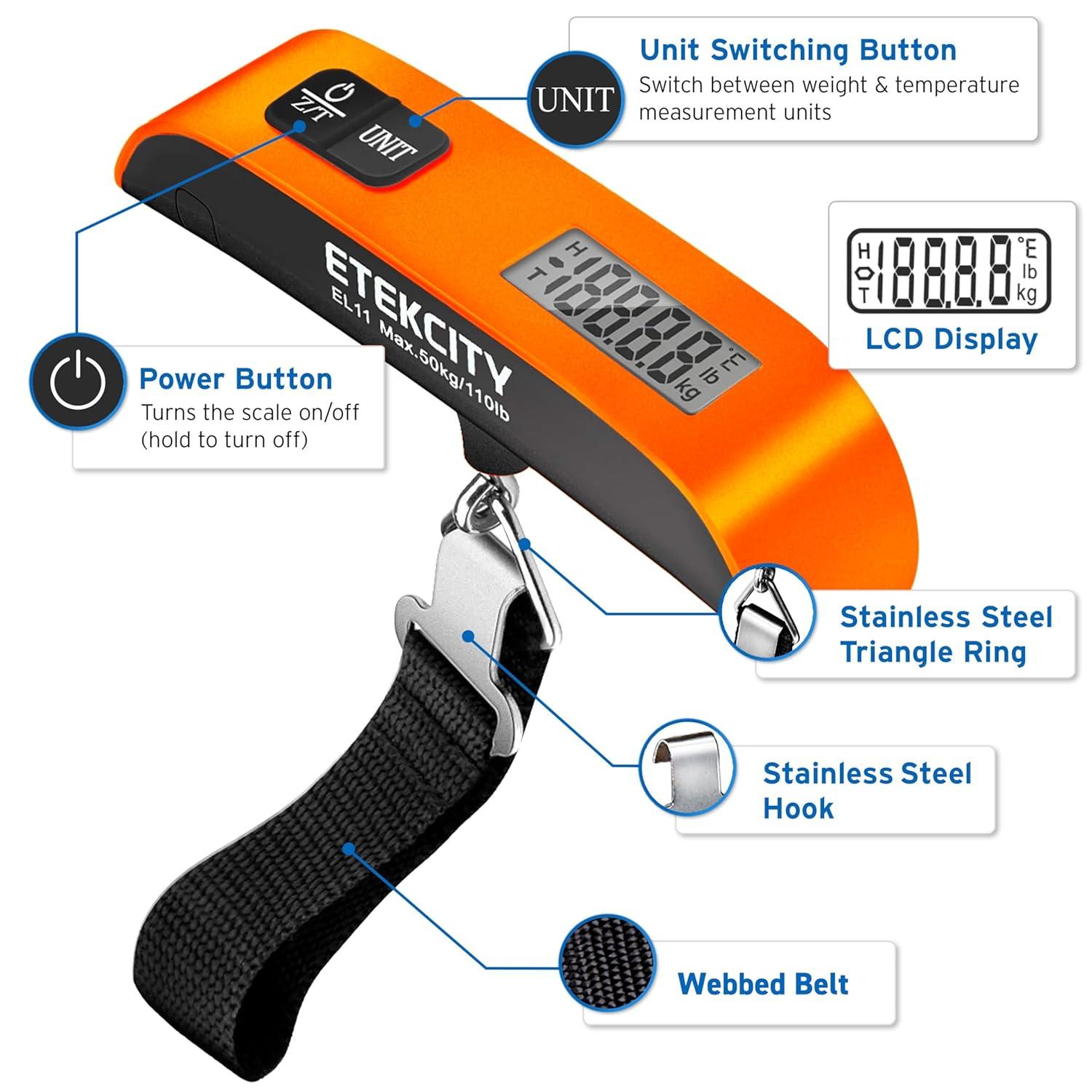 imageEtekcity Luggage Scale Digital Weight Scales for Travel Accessories Essentials Suitcases Portable Handheld Scale with Temperature Sensor Rubber Paint 110 Pounds Battery IncludedOrange