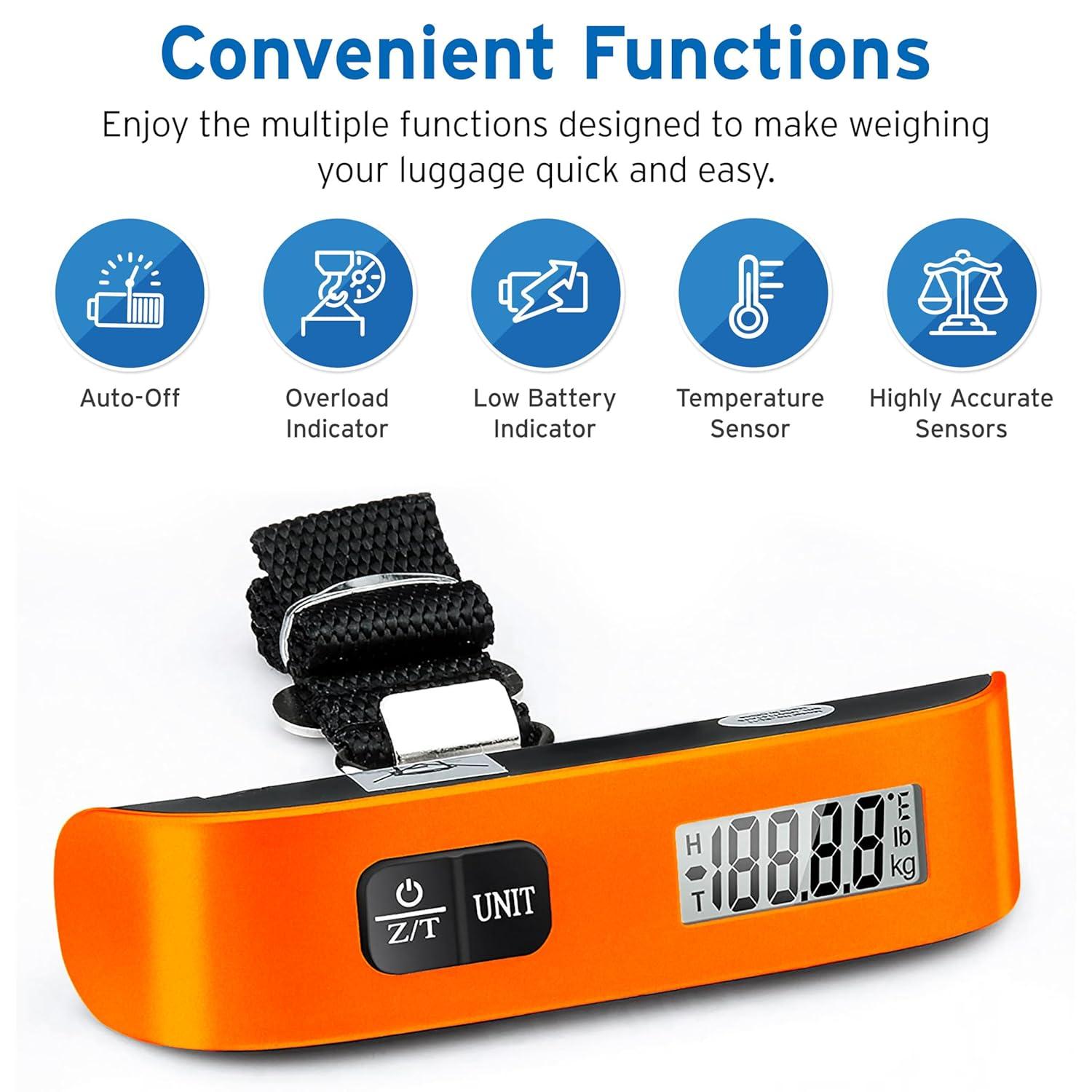 imageEtekcity Luggage Scale Digital Weight Scales for Travel Accessories Essentials Suitcases Portable Handheld Scale with Temperature Sensor Rubber Paint 110 Pounds Battery IncludedOrange