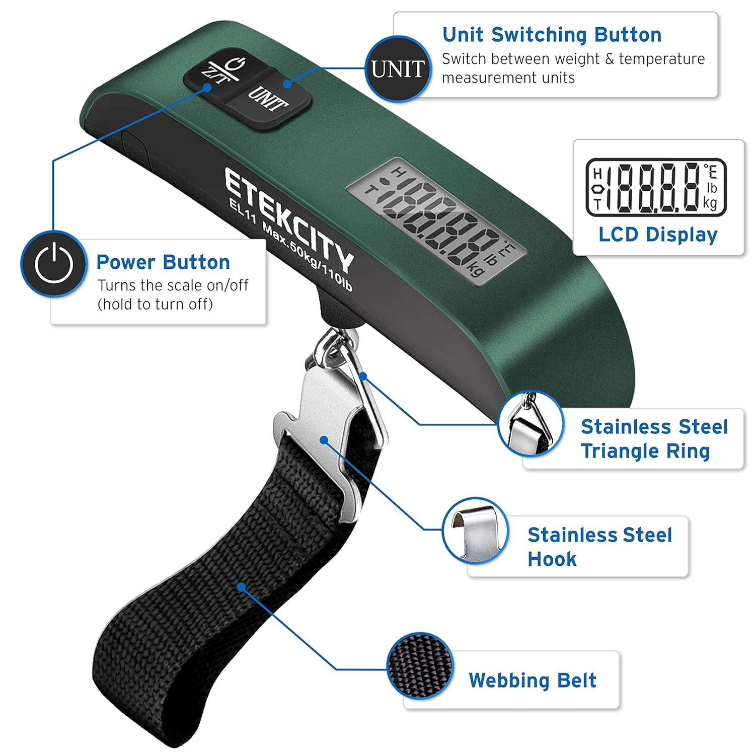 imageEtekcity Luggage Scale Digital Weight Scales for Travel Accessories Essentials Suitcases Portable Handheld Scale with Temperature Sensor Rubber Paint 110 Pounds Battery IncludedGreen