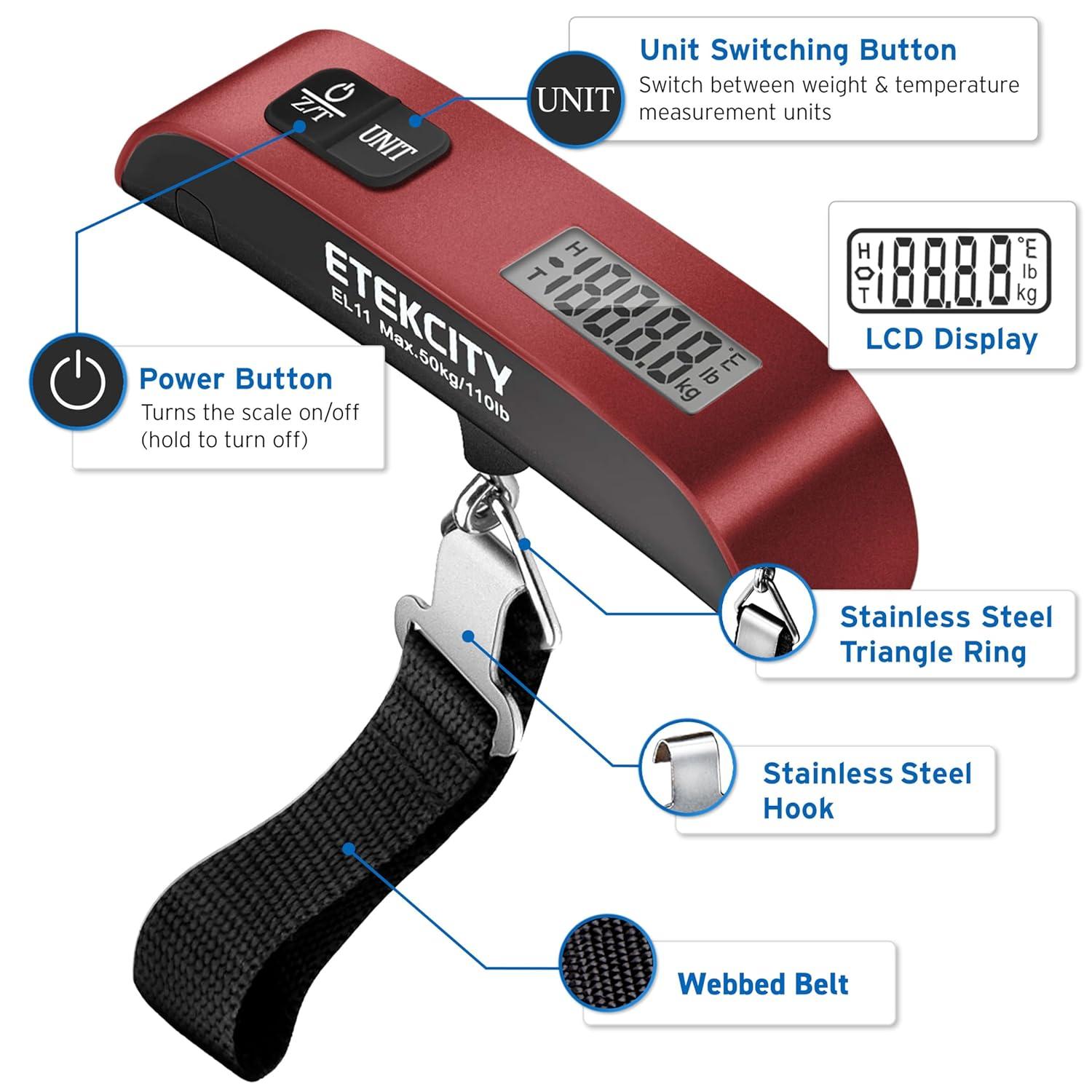 imageEtekcity Luggage Scale Digital Weight Scales for Travel Accessories Essentials Suitcases Portable Handheld Scale with Temperature Sensor Rubber Paint 110 Pounds Battery IncludedClaret Red