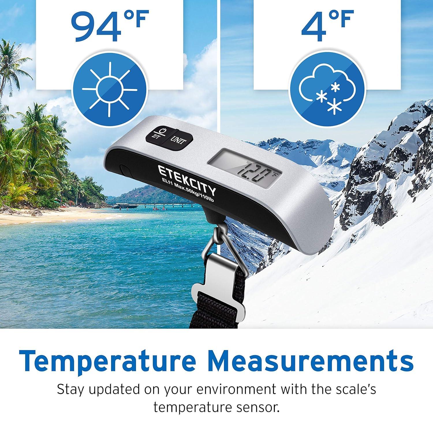 imageEtekcity Luggage Scale Digital Weight Scales for Travel Accessories Essentials Suitcases Portable Handheld Scale with Temperature Sensor Rubber Paint 110 Pounds Battery IncludedAsh Silver