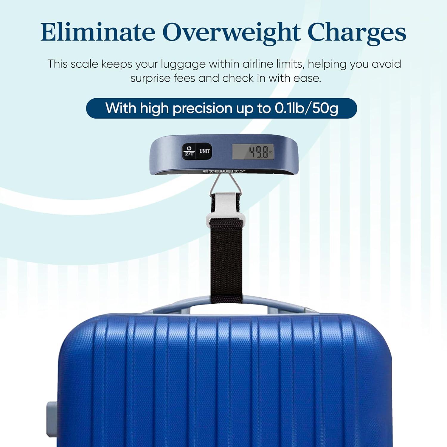 imageEtekcity Luggage Scale Digital Weight Scales for Travel Accessories Essentials Suitcases Portable Handheld Scale with Temperature Sensor Rubber Paint 110 Pounds Battery IncludedBright Blue