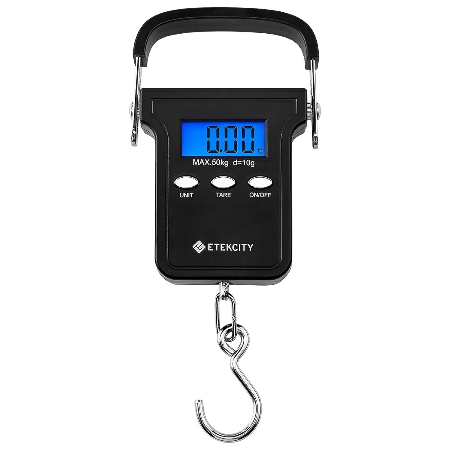 imageEtekcity Luggage Scale Digital Weight Scales for Travel Accessories Essentials Suitcases Portable Handheld Scale with Temperature Sensor Rubber Paint 110 Pounds Battery IncludedDark Black