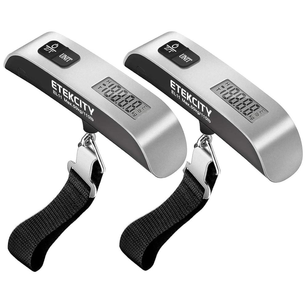 imageEtekcity Luggage Scale Digital Weight Scales for Travel Accessories Essentials Suitcases Portable Handheld Scale with Temperature Sensor Rubber Paint 110 Pounds Battery IncludedAsh Silver2 pack