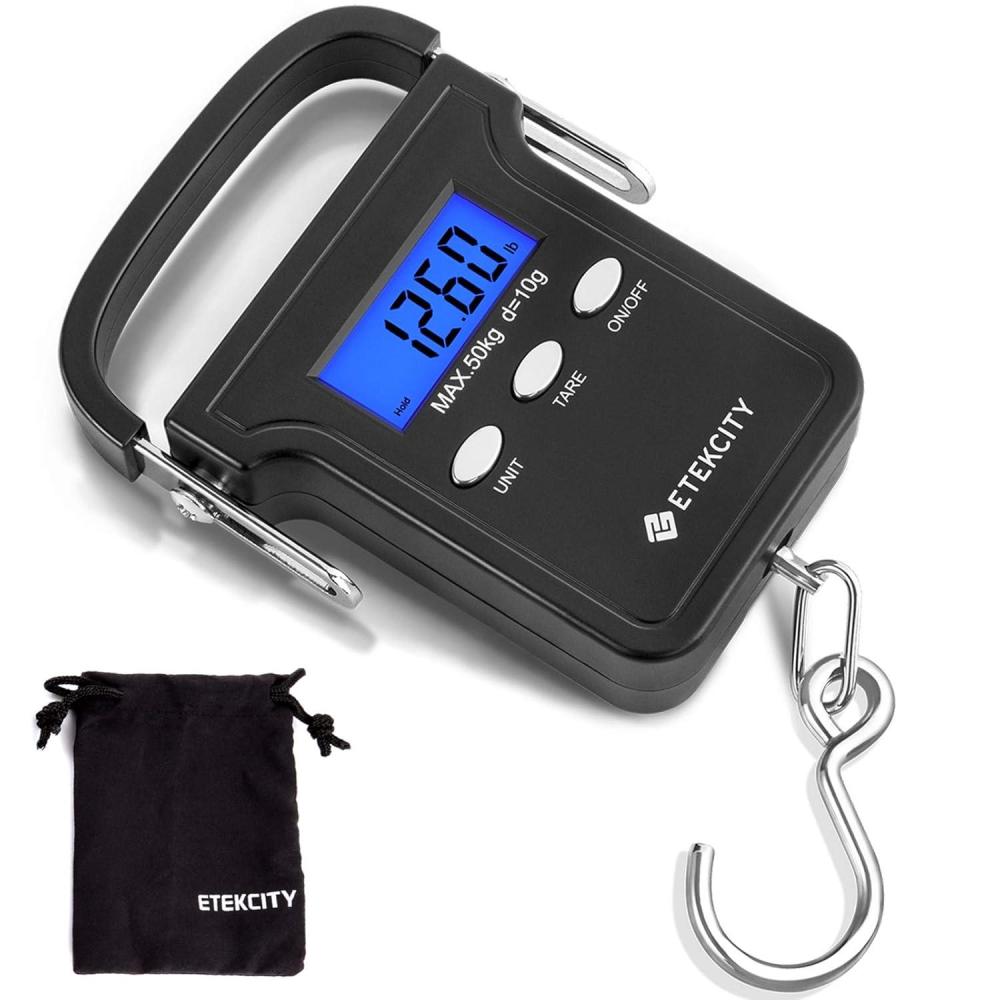 imageEtekcity Luggage Scale Digital Weight Scales for Travel Accessories Essentials Suitcases Portable Handheld Scale with Temperature Sensor Rubber Paint 110 Pounds Battery IncludedDark Black