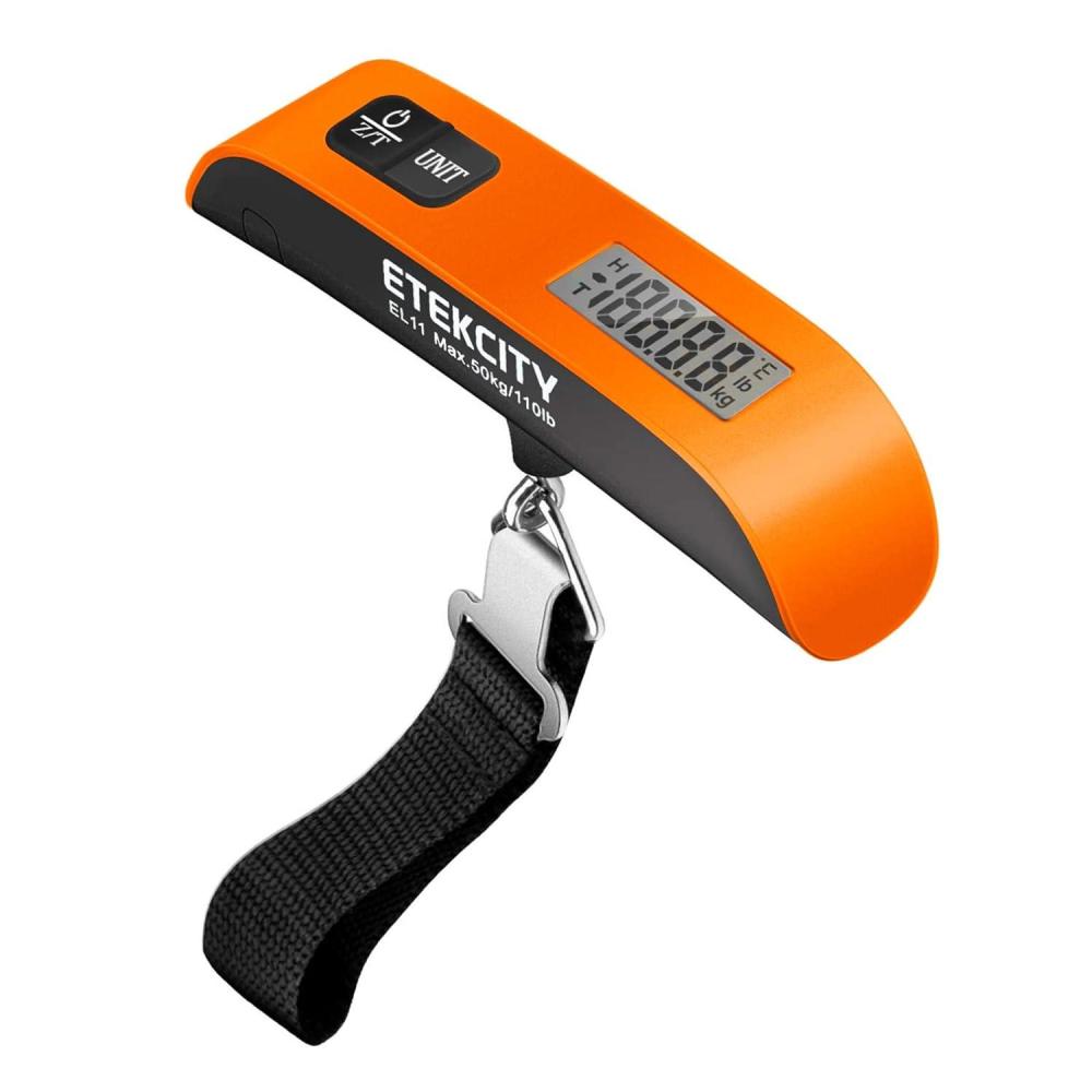 imageEtekcity Luggage Scale Digital Weight Scales for Travel Accessories Essentials Suitcases  Portable Handheld Scale with Temperature Sensor Rubber Paint 110 Pounds Battery IncludedOrange