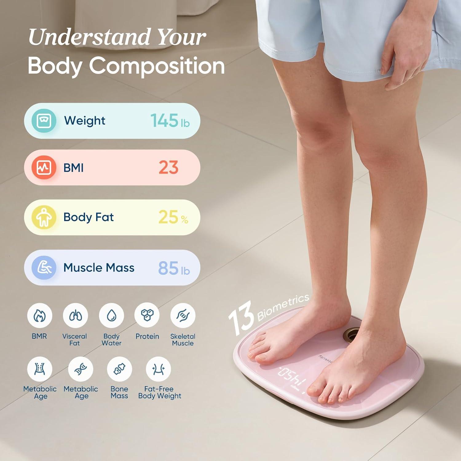 imageEtekcity Smart Scale for Body Weight FSAampHSA Eligible Bathroom Digital Weighing Scale with BMI Body Fat Muscle Mass Accurate Bluetooth Home User Health Equipment Sync Apps LED Tempered glassPink