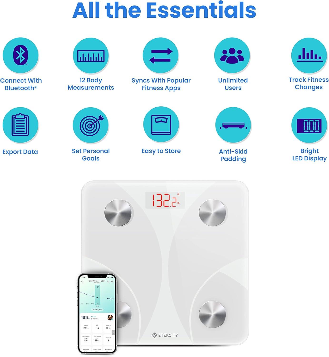 imageEtekcity Smart Scale for Body Weight FSAampHSA Eligible Bathroom Digital Weighing Scale with BMI Body Fat Muscle Mass Accurate Bluetooth Home User Health Equipment Sync Apps LED Tempered glassWhite