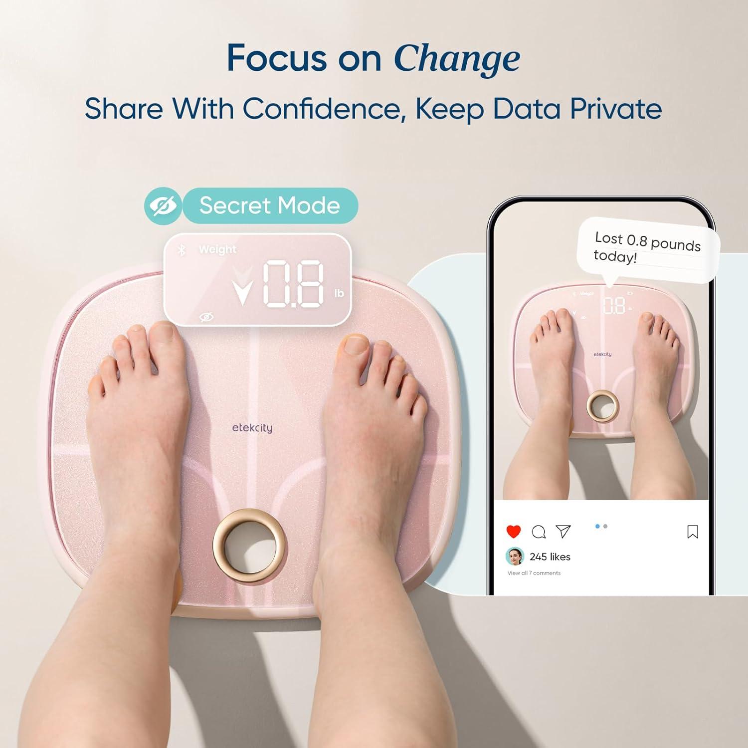 imageEtekcity Smart Scale for Body Weight FSAampHSA Eligible Bathroom Digital Weighing Scale with BMI Body Fat Muscle Mass Accurate Bluetooth Home User Health Equipment Sync Apps LED Tempered glassPink