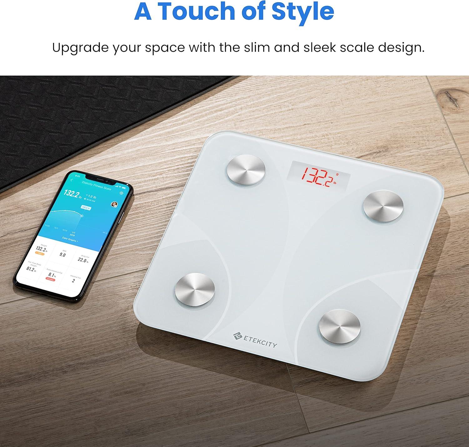 imageEtekcity Smart Scale for Body Weight FSAampHSA Eligible Bathroom Digital Weighing Scale with BMI Body Fat Muscle Mass Accurate Bluetooth Home User Health Equipment Sync Apps LED Tempered glassWhite