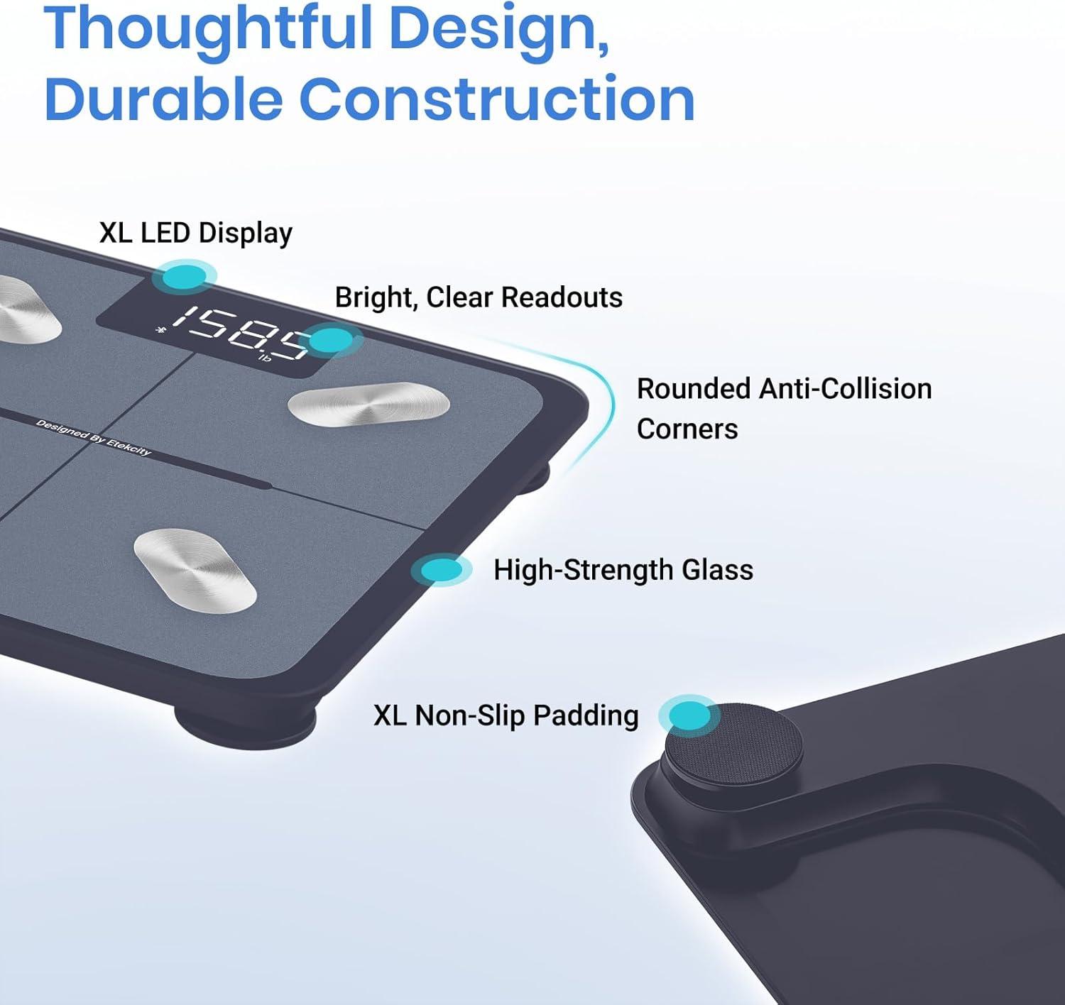 imageEtekcity Smart Scale for Body Weight FSAampHSA Eligible Bathroom Digital Weighing Scale with BMI Body Fat Muscle Mass Accurate Bluetooth Home User Health Equipment Sync Apps LED Tempered glassBlue