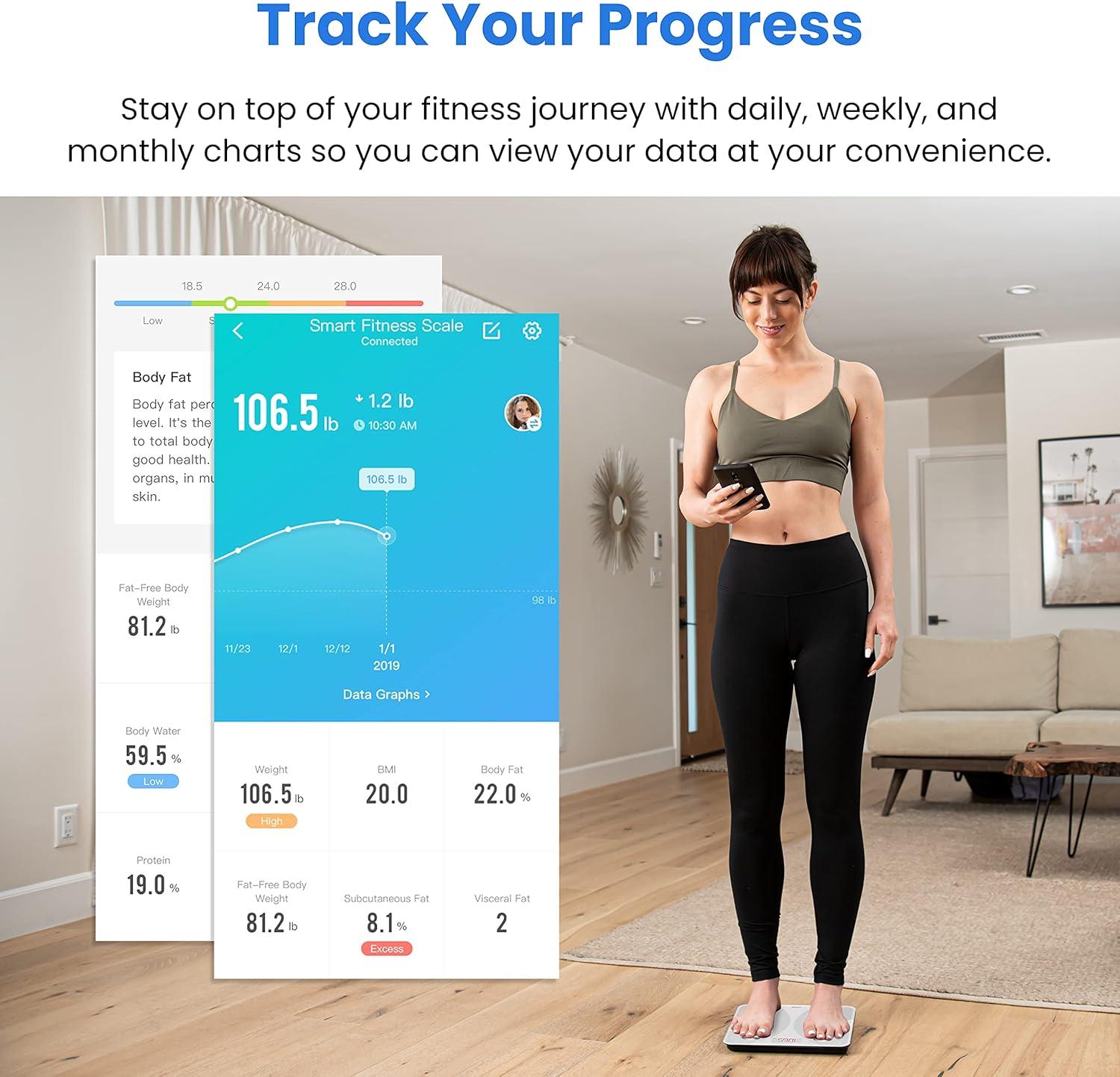 imageEtekcity Smart Scale for Body Weight FSAampHSA Eligible Bathroom Digital Weighing Scale with BMI Body Fat Muscle Mass Accurate Bluetooth Home User Health Equipment Sync Apps LED Tempered glassWhite