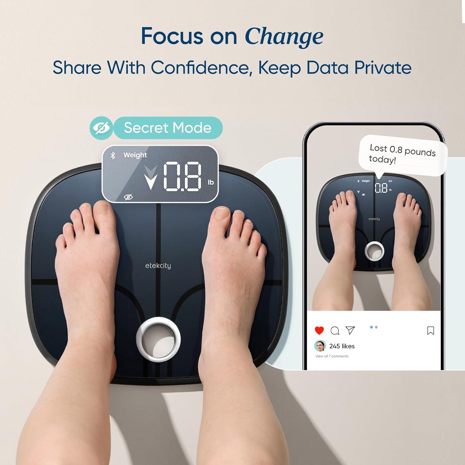 imageEtekcity Smart Scale for Body Weight FSAampHSA Eligible Bathroom Digital Weighing Scale with BMI Body Fat Muscle Mass Accurate Bluetooth Home User Health Equipment Sync Apps LED Tempered glassDark Black
